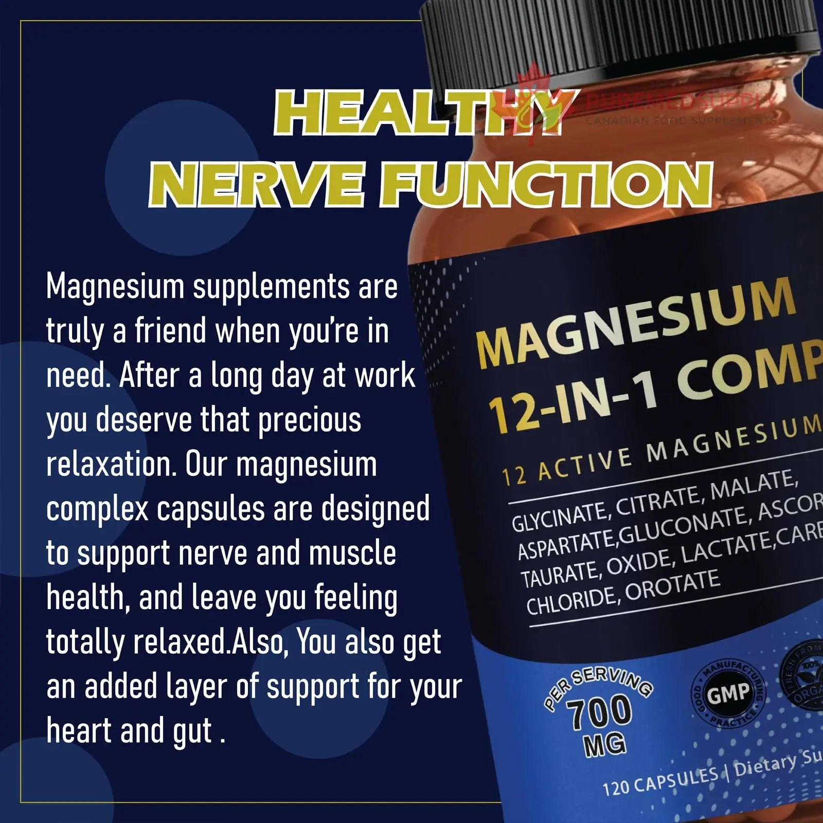 Puravita Magnesium Complex 700mg 12 in 1 Magnesium Supplement with Glycinate, Citrate, Malate & More | Easy Absorption, Energy Support, Vegan & Non-GMO | 120 Capsules (1pc) YPRYPR buy supplements canada