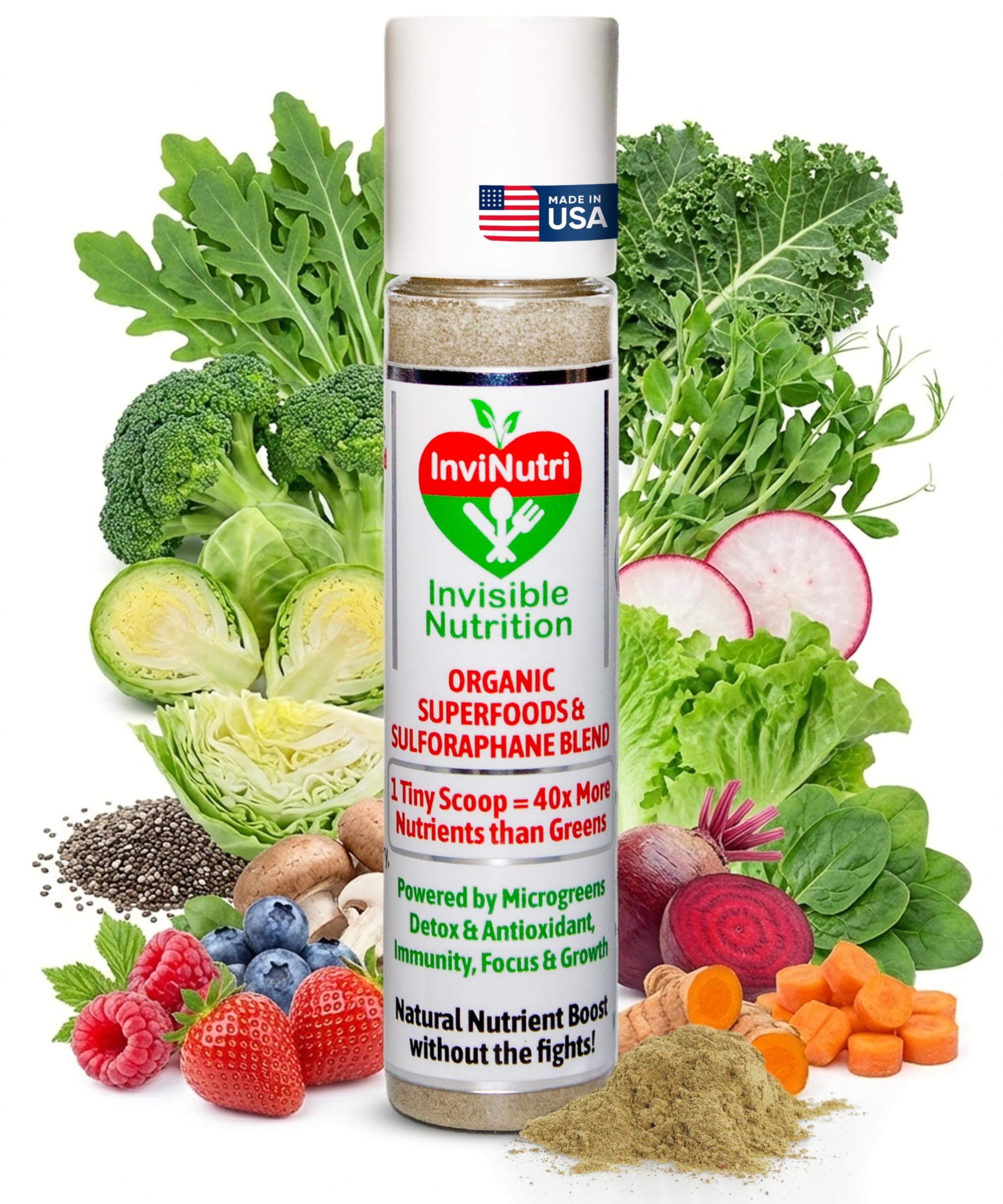 InviNutri Superfood Powder for Sensory & Picky Eaters. A TINY scoop- 40x Nutrient-Rich, 30mg Sulforaphane for Detox. Organic Microgreens, Fruits & Veggies - Blends Invisibly into Most Meals - 24 serv. InviNutri Invisible Nutrition buy supplements canada