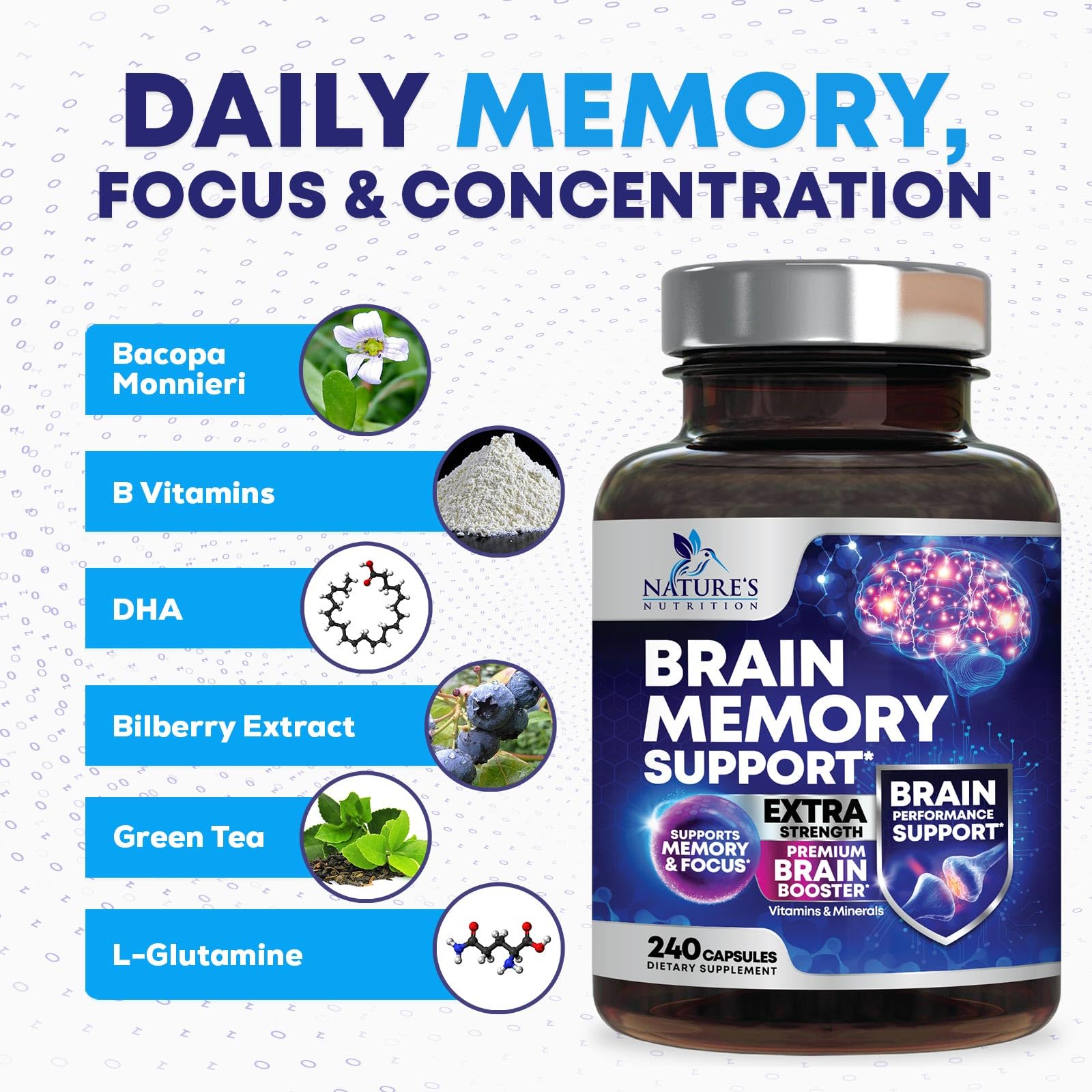 Brain Memory Supplement Pills - 3X Strength Nootropics for Concentration, Clarity & Focus Support - Brain Health Cognitive Vitamins with Bacopa, Phosphatidylserine & DMAE, Brain Booster - 240 Capsules Nature's Nutrition buy supplements canada