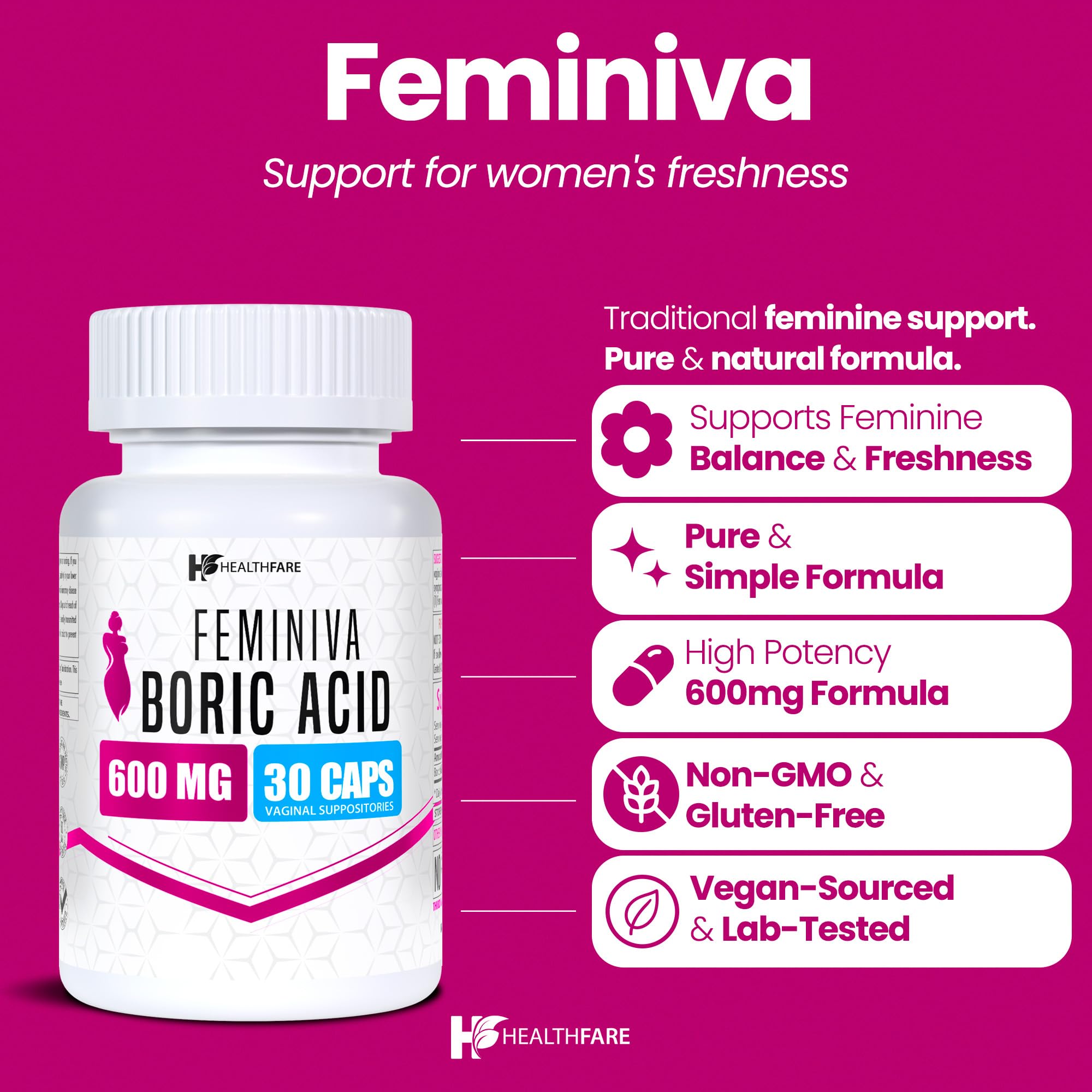 Healthfare Feminiva Boric Acid Suppositories | 2-Pack | 30 Vaginal Suppositories Each | 600mg | 100% Pure | Made in The USA Healthfare buy supplements canada