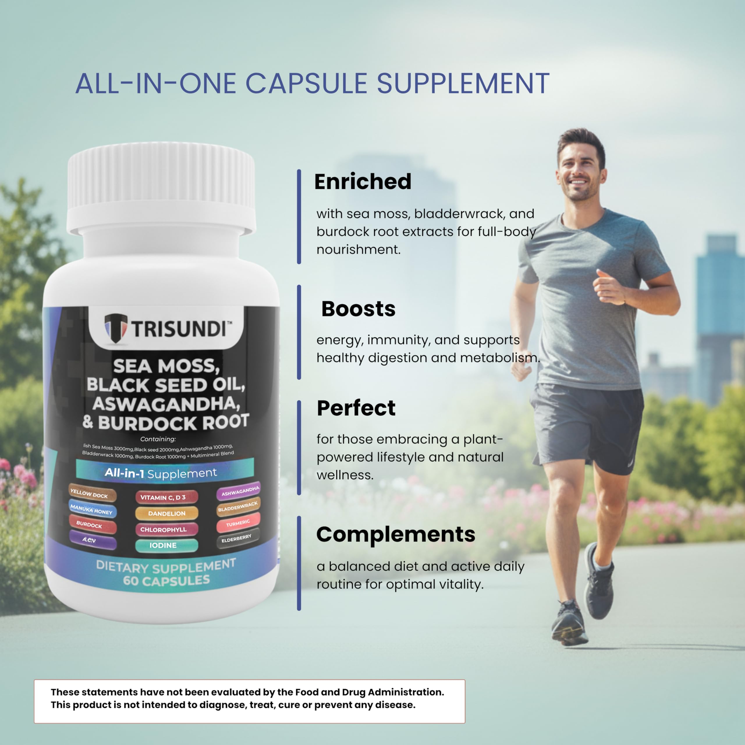 Trisundi Sea Moss Complex with Black Seed Oil, Ashwagandha & Burdock Root – All-in-One Herbal Supplement with Vitamins & Minerals – 60 Capsules Trisundi buy supplements canada