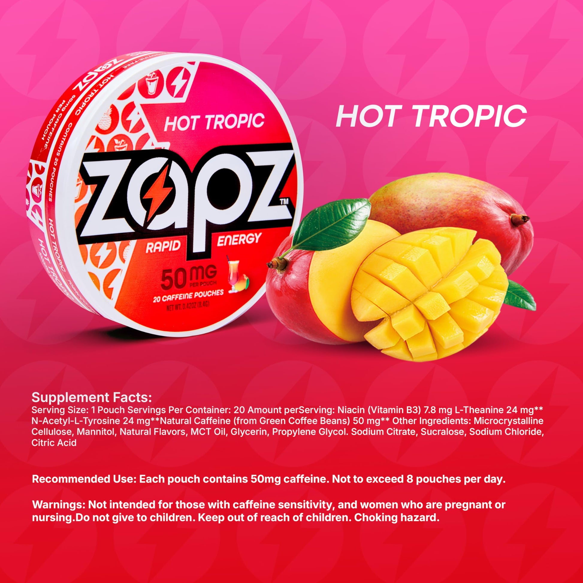 ZAPZ Caffeine Pouches, Hot Tropic, 5 Cans x 20 Count, Energy Pouches with 50mg Caffeine, Nootropic Focus Support, Niacin, L-Theanine, L-Tyrosine, Sugar Free, No Coffee Grinds ZAPZ buy supplements canada