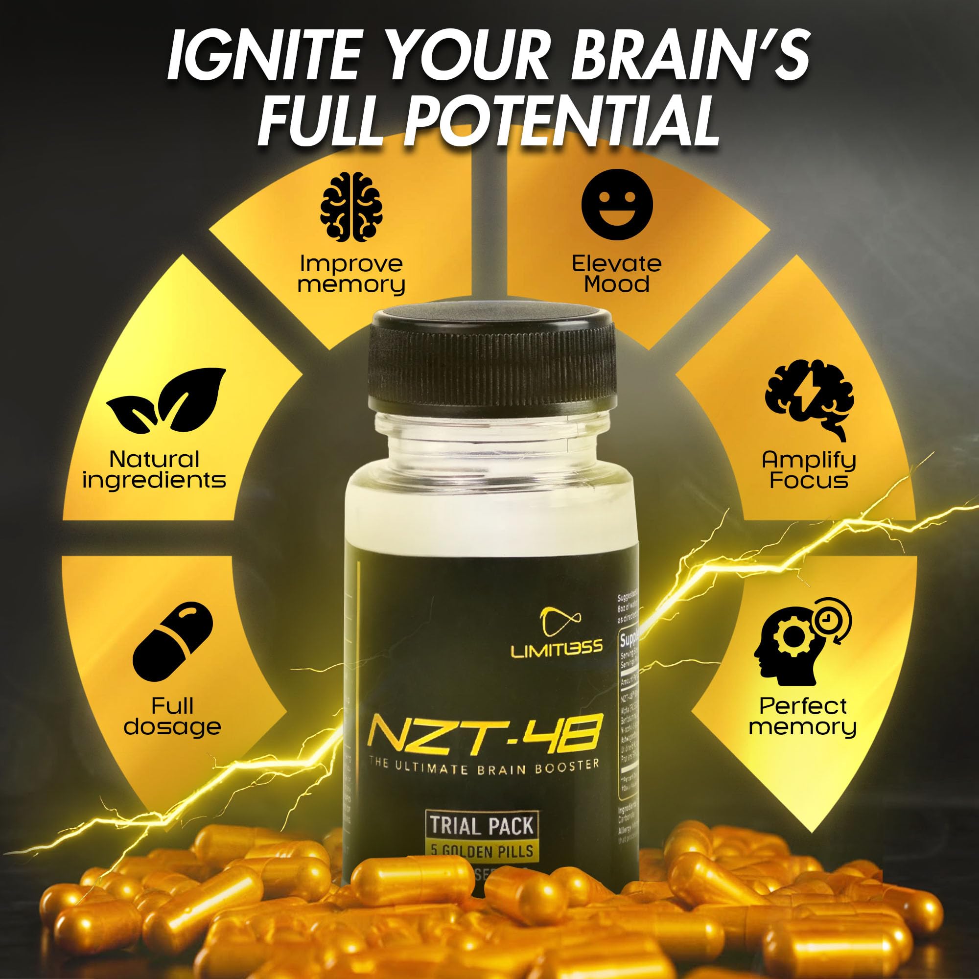 Nootropic Premium Brain Booster - Brain Supplement for Memory + Focus + Natural Energy - Caffeinated, Phosphatidylserine, Vitamins B6 B12-5ct Capsules - Travel Pack NZT-48 buy supplements canada