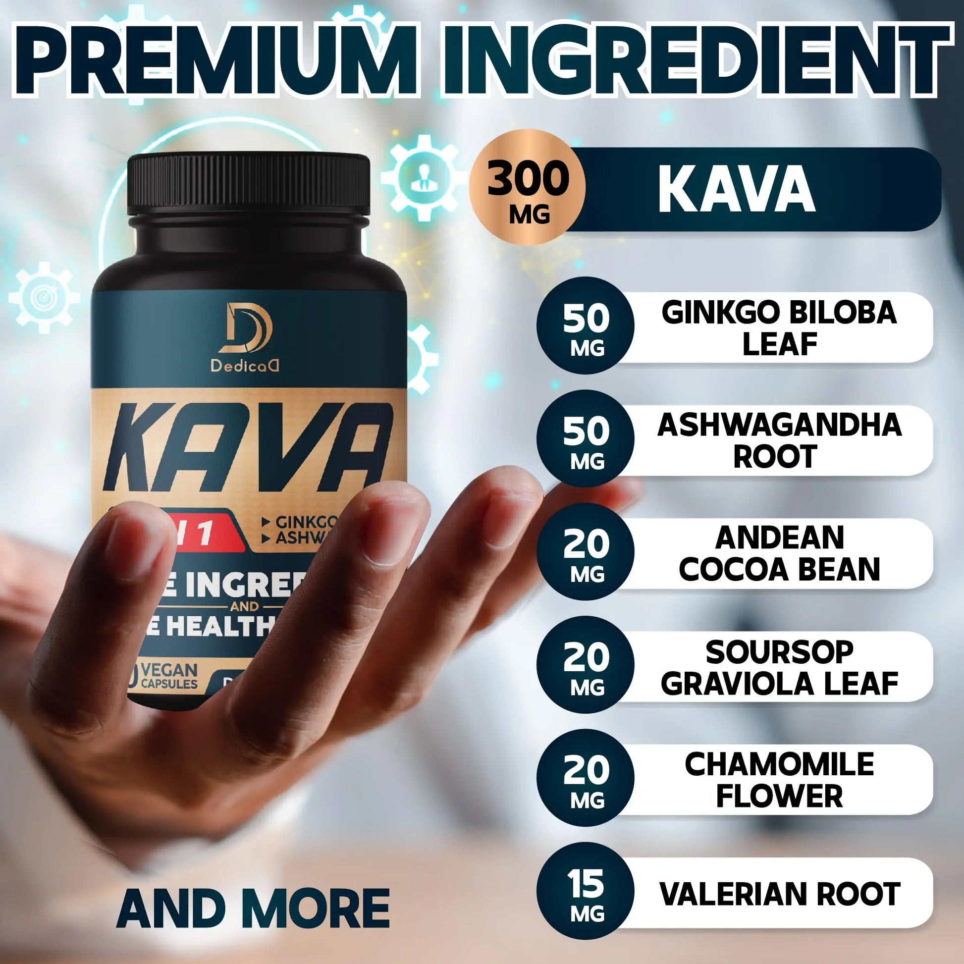 DEDICAD Kava Kava Capsules - 3 Month Supply - 9 Herbs with Ginkgo Biloba, Ashwagandha Root, Andean Cocoa, Graviola Leaf, Chamomile, Valerian, Lemon Balm & Skullcap - Support Mood & Immune - 90 Pills DEDICAD buy supplements canada
