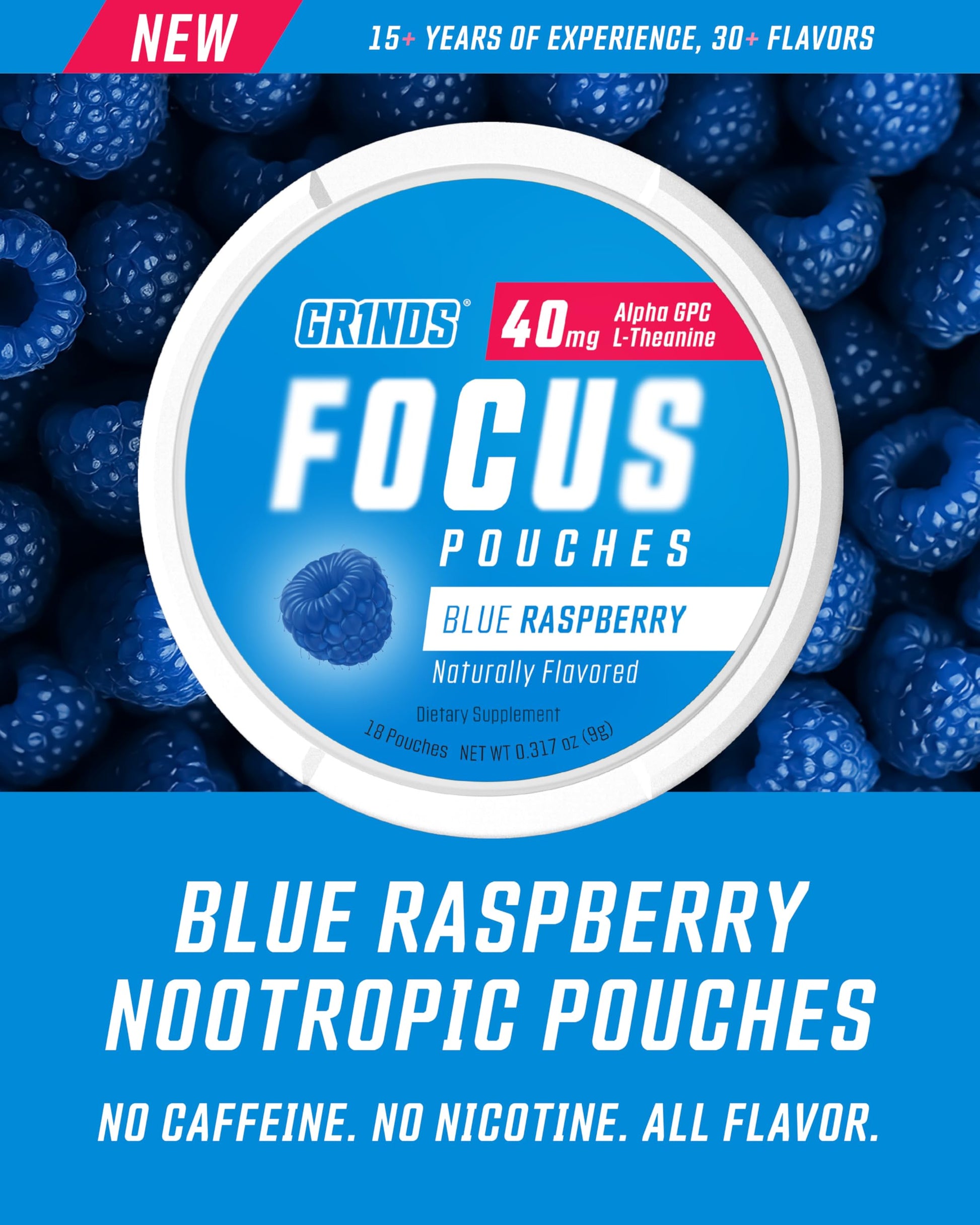 GRINDS Focus Pouches - Naturally Flavored with Nootropic Ingredients - Contains Alpha GPC and L-Theanine - Nicotine-Free, Sugar-Free - 3 Pack, 18 Pouches Per Can - Blue Raspberry GRINDS buy supplements canada