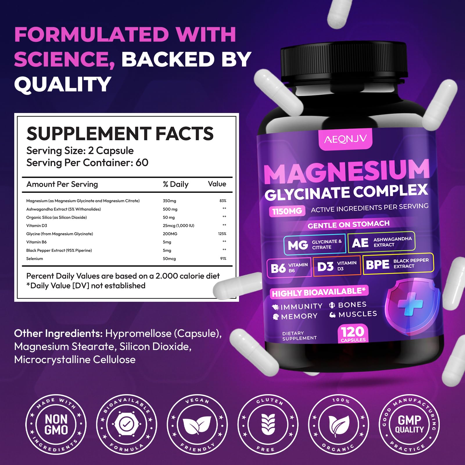 Magnesium Glycinate Complex 1150mg - Gentle on Stomach High Absorption Magnesium Capsules with Citrate, Silica, Ashwagandha & Vitamin B6 for Zzz, Stress Relief, Muscle Support for Adults, Women & Men AEQNJV buy supplements canada