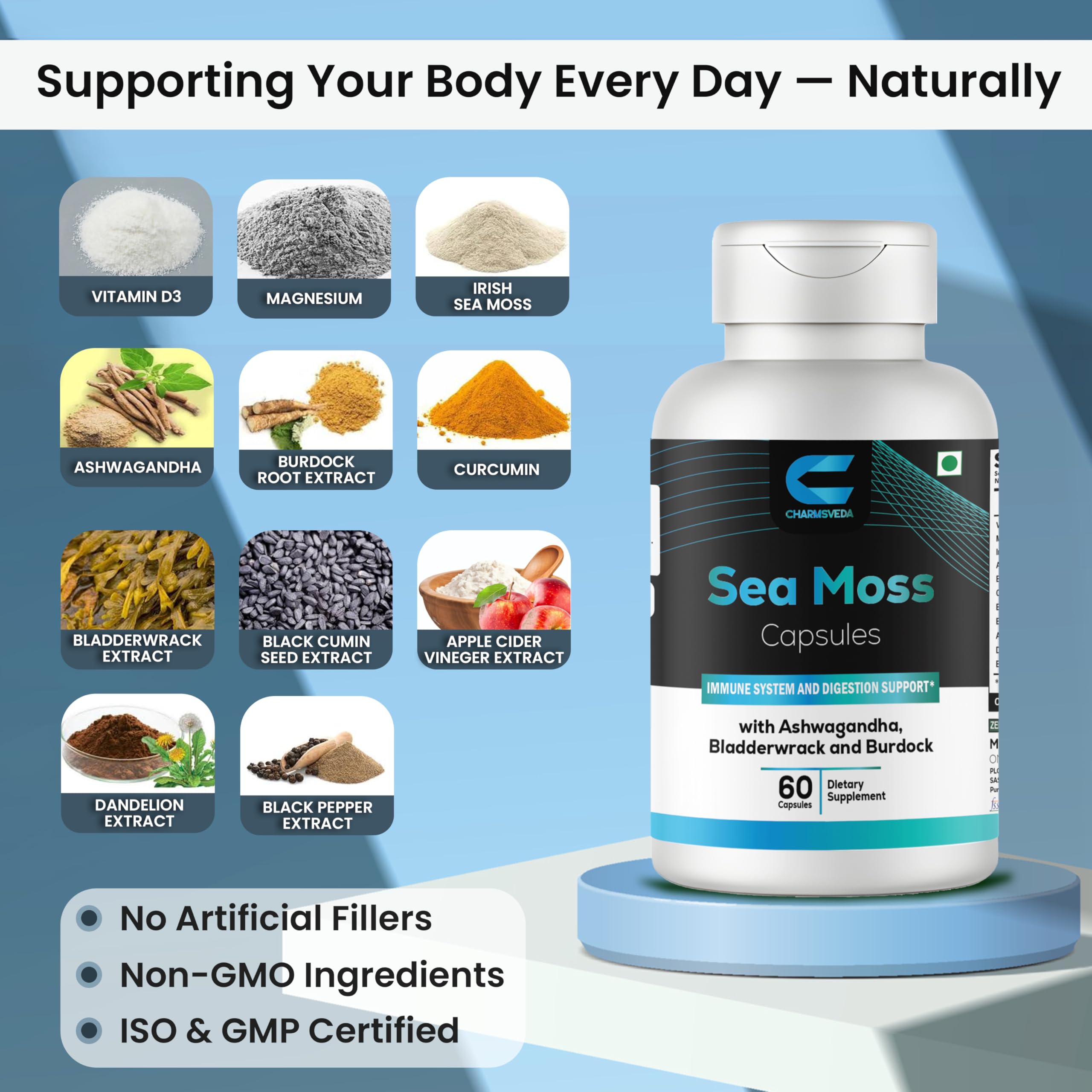 CHARMSVEDA Sea Moss Capsules with Ashwagandha, Bladderwrack & Burdock – Overall Wellness & Immune Support, Support Digestive & Gut Health* – 60 Vegan Capsules CHARMSVEDA buy supplements canada