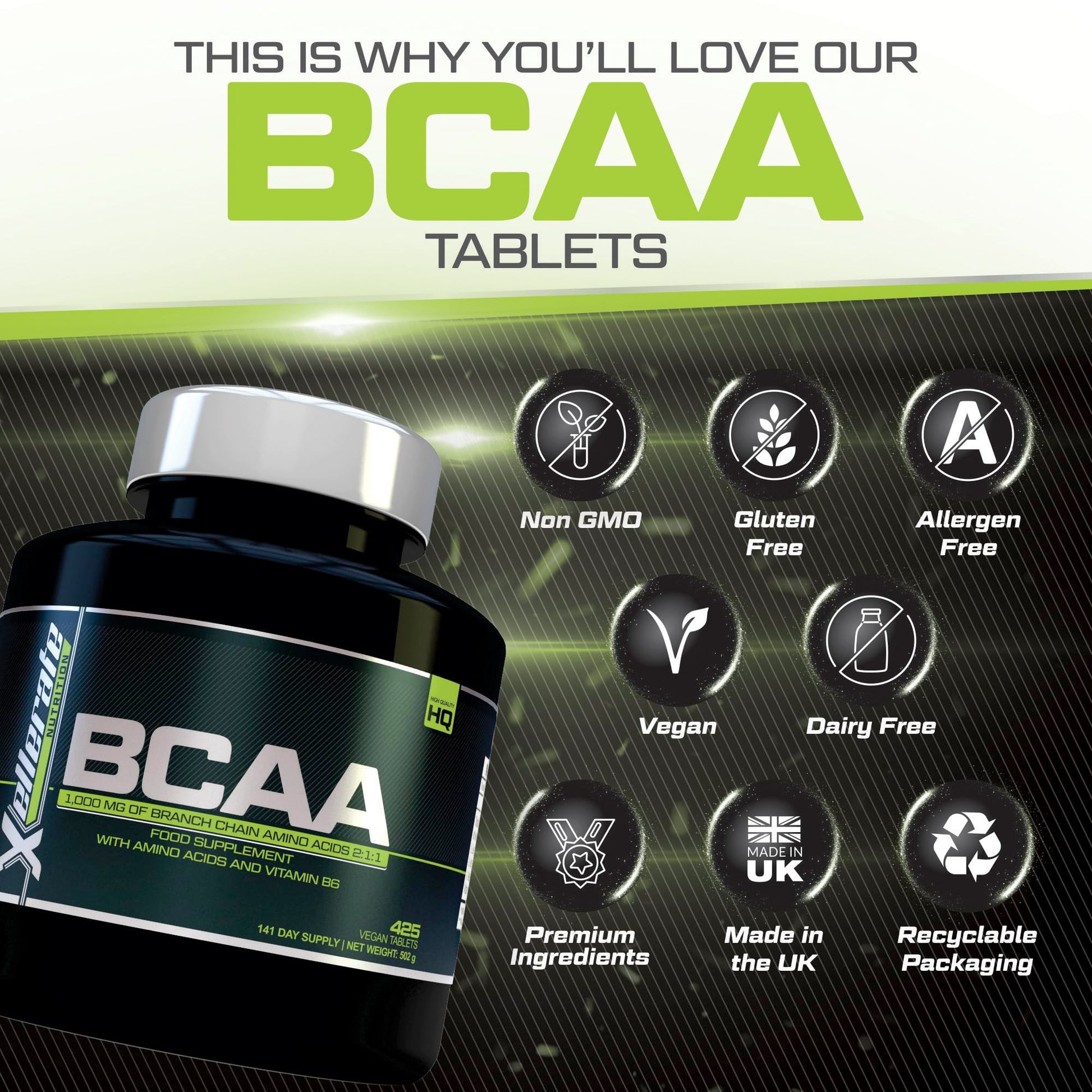 BCAA 1000mg - 425 Vegan Tablets - 3000mg Daily Serving - 141 Day Supply - 2:1:1 BCAAs Xellerate NUTRITION buy supplements canada