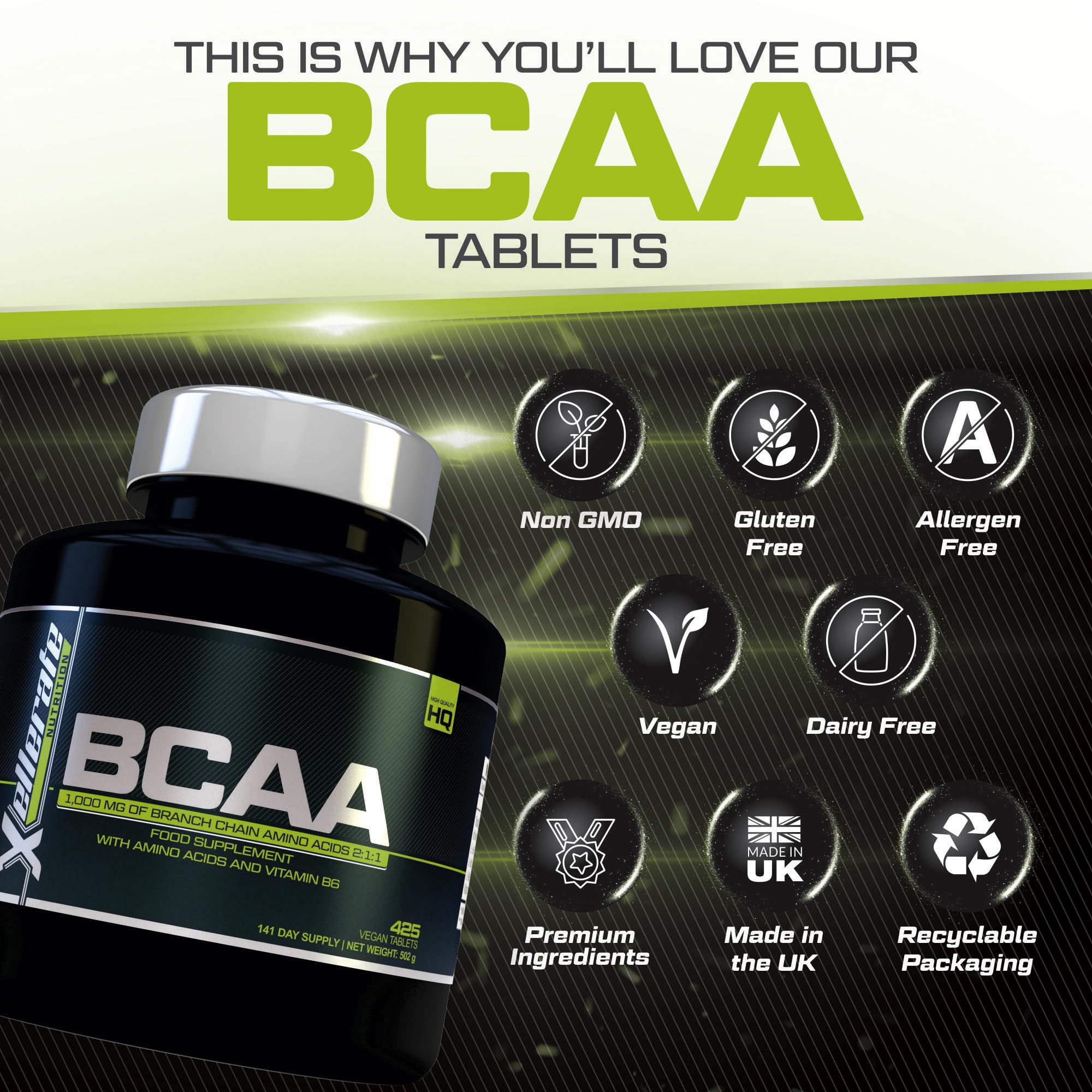 BCAA 1000mg - 425 Vegan Tablets - 3000mg Daily Serving - 141 Day Supply - 2:1:1 BCAAs Xellerate NUTRITION buy supplements canada