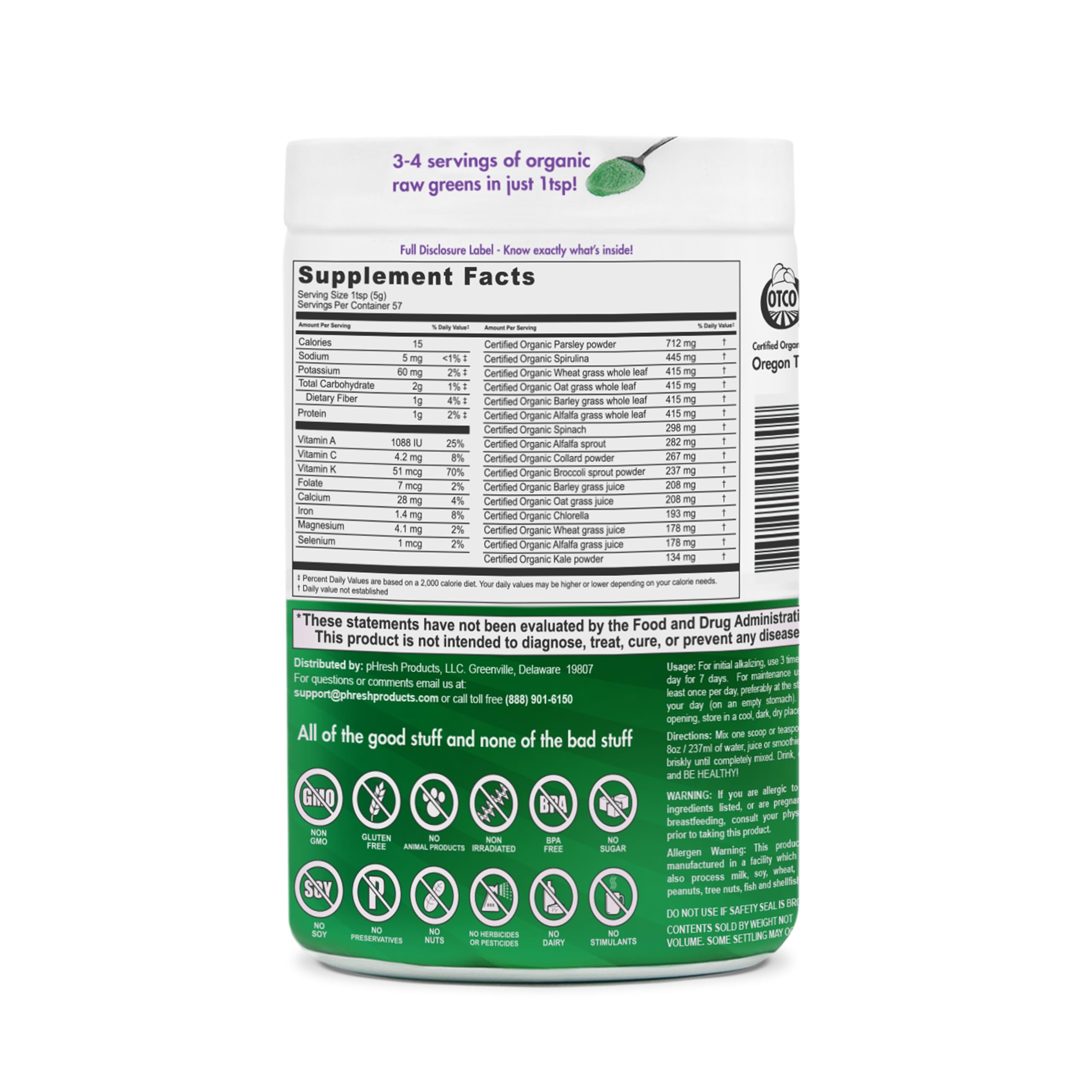 pHresh - Greens Raw Alkalizing Superfood Greens Powder - 2 Month Supply - Vegan, Kosher, Gluten Free - Natural Enzymes, Nutrients - Approved for Intermittent Fasting - 10 oz Phresh Products buy supplements canada