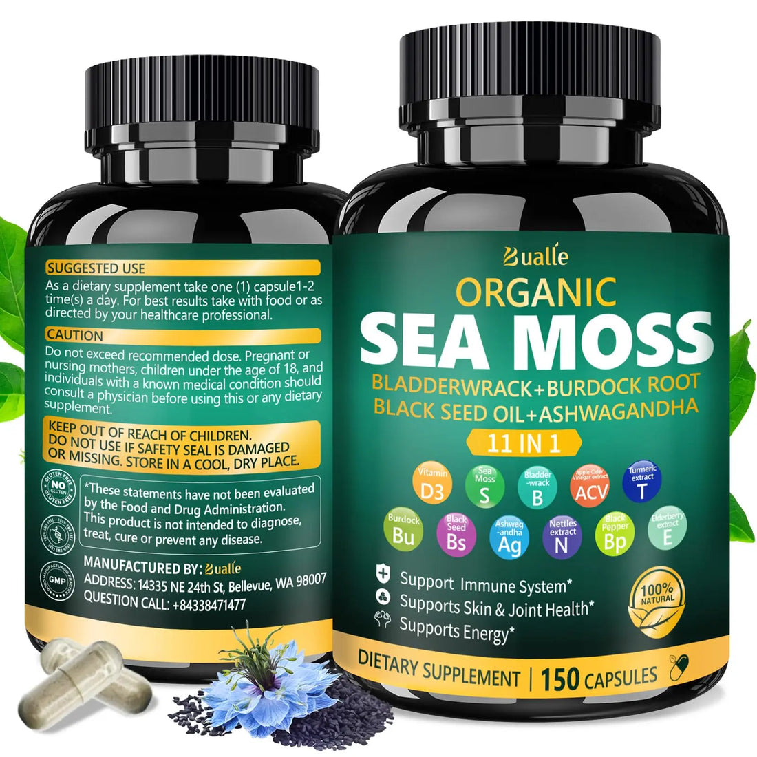 Bualle Irish Sea Moss Capsules – Organic Sea Moss, Black Seed Oil, Ashwagandha Supplements with Bladderwrack, Ginger & Burdock Root – Supports Daily Wellness, Skin & Energy – 150 Count (1 Pack) Bualle buy supplements canada