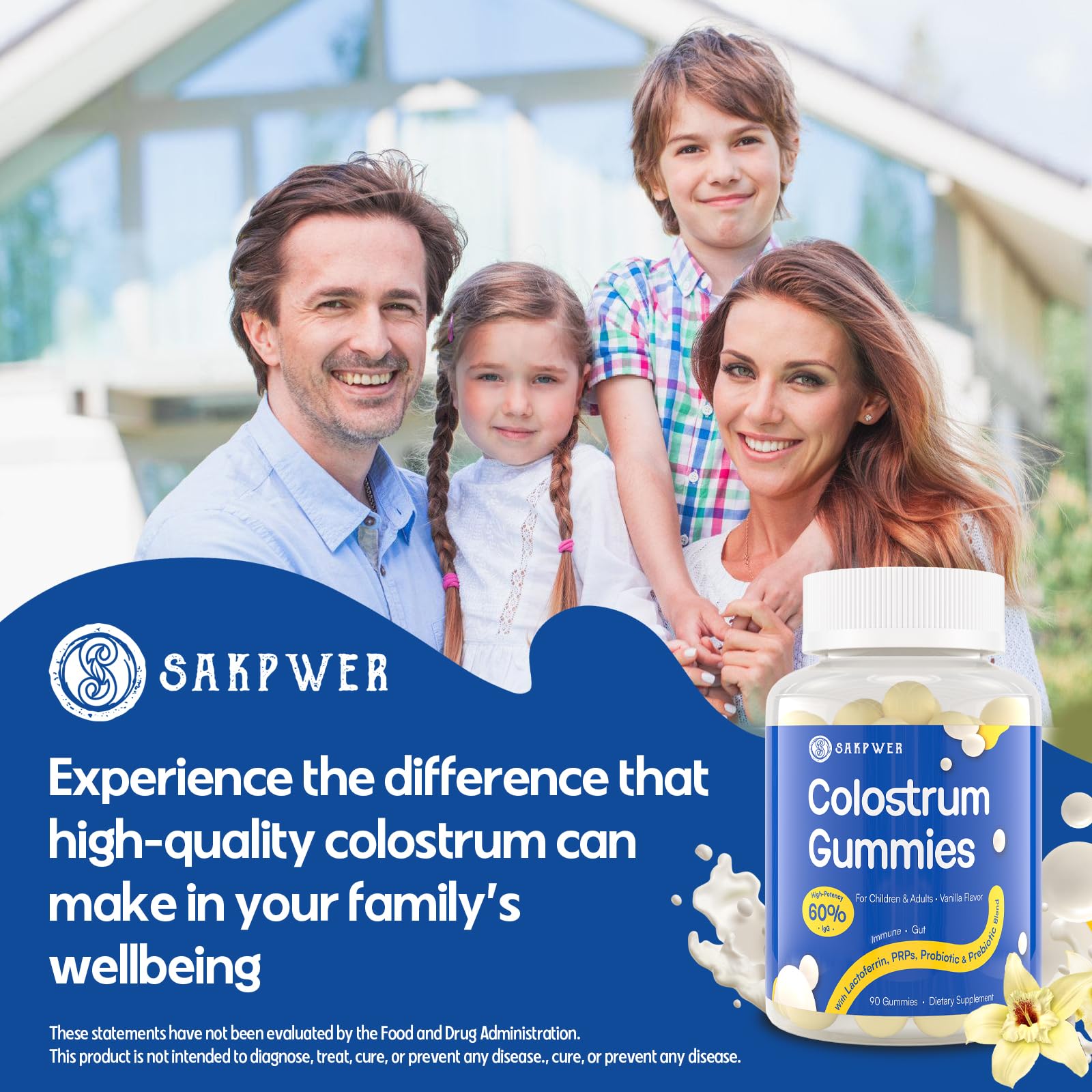Sakpwer Bovine Colostrum Supplement Gummies - with 60% Highest IgG, Lactoferrin, Probiotics and Prebiotics for Adults and Kids, Vanilla Flavor & Sugar Free, 90 Gummies Sakpwer buy supplements canada