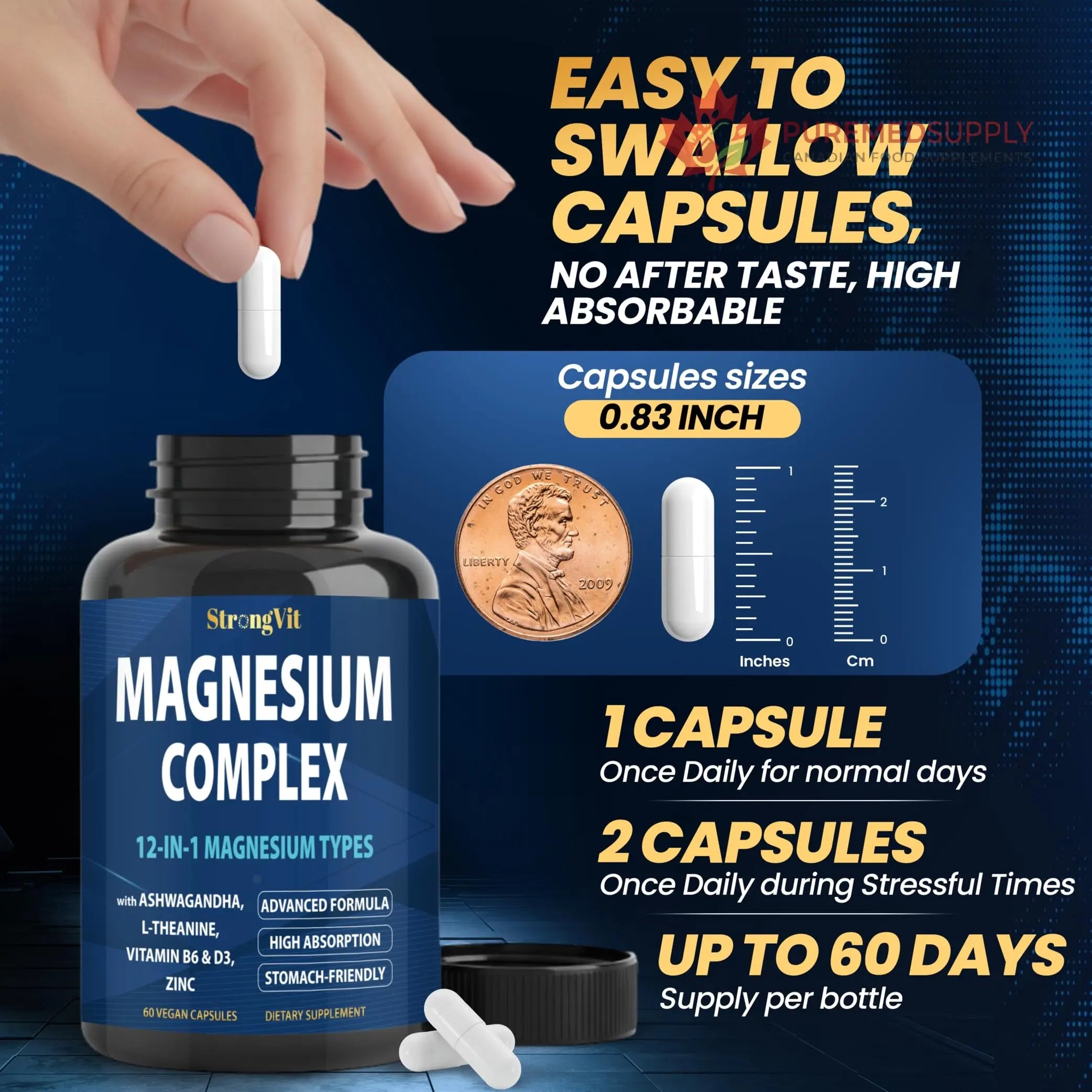 1000mg Magnesium Complex for Women and Men, 12 in 1 Magnesium Supplement with Ashwagandha, Zinc, D3, L-theanine. Easy to Swallow, High Absorption, Sleep Support & Stress Relief (60 Capsules) StrongVit buy supplements canada