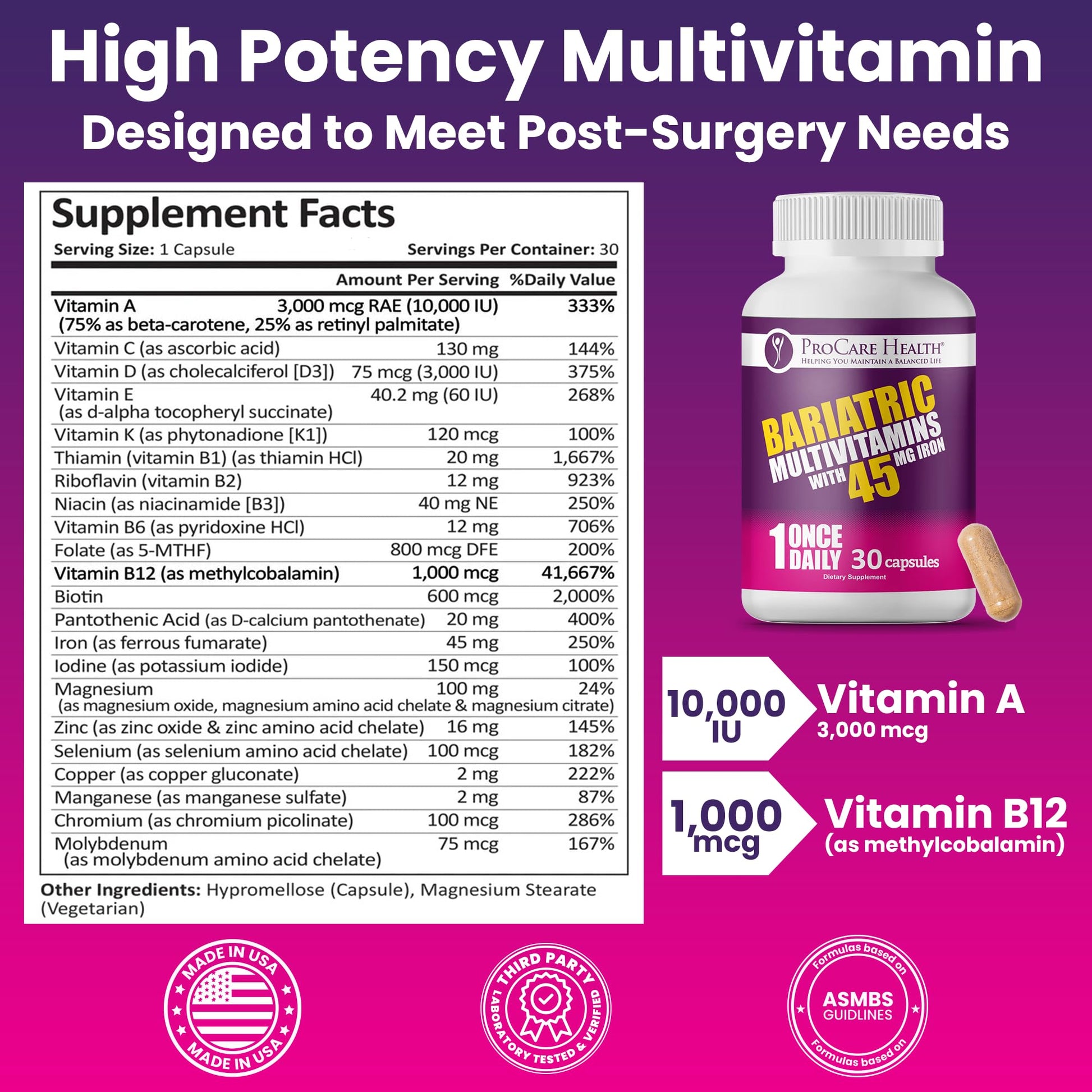 ProCare Health Bariatric Multivitamin with 45mg Iron (30 Easy to Swallow Capsules) - Once Daily Post-Op Support for Gastric Bypass ProCare Health buy supplements canada