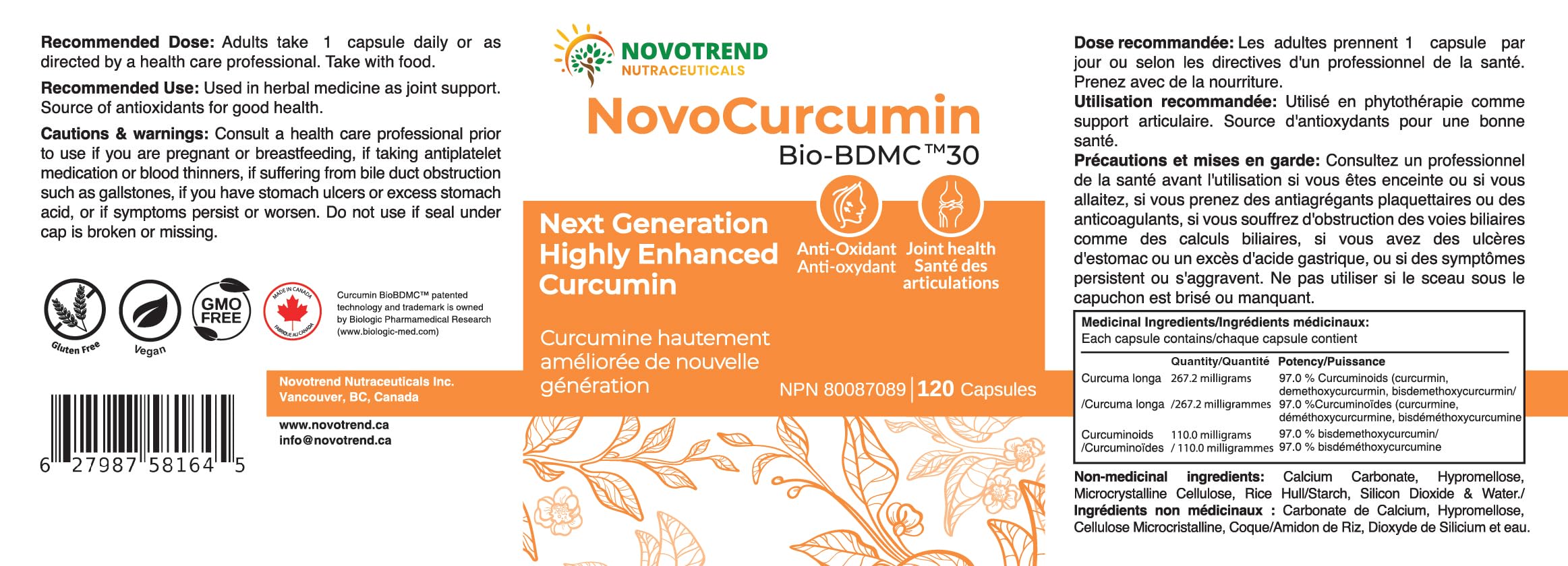 BIOBDMC NovoCurcumin-Next Generation Highly Enhanced Curcumin- 120 Capsules BIOBDMC buy supplements canada