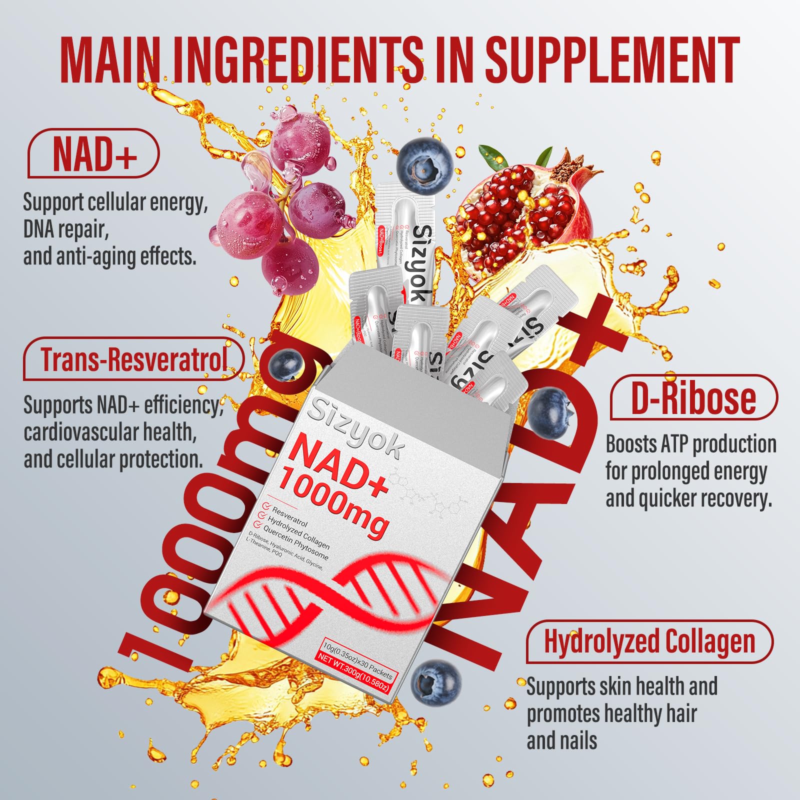 NAD+ Supplement 1000mg Liquid - High Absorption NAD+ with Trans Resveratrol 2000mg, Collagen & Hyaluronic Acid, Anti-Aging Energy Support for Women, Cellular Health & Longevity Boost Sizyok buy supplements canada