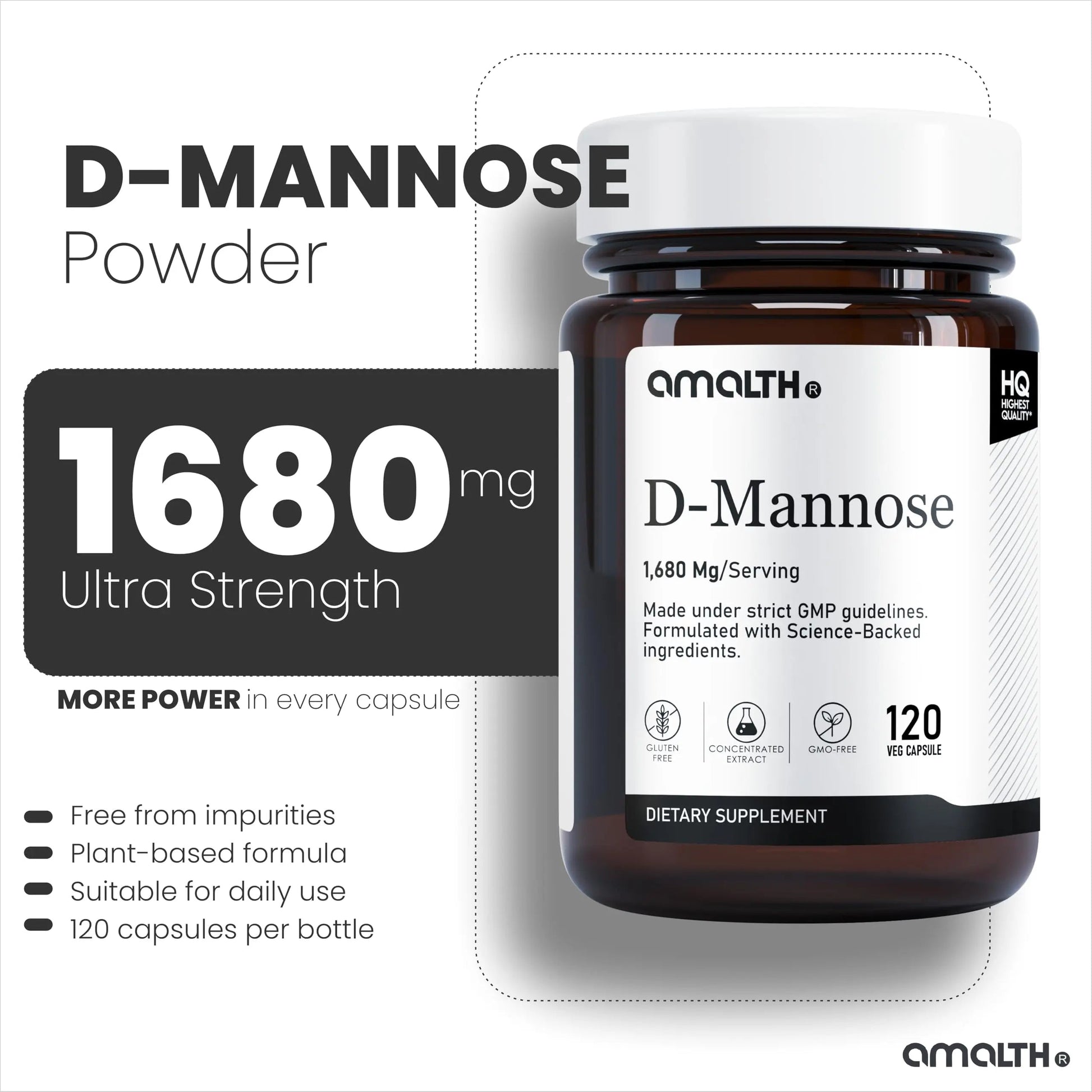 AMALTH D-Mannose Capsules 1680 mg per Serving, 120 Vegan Capsules, Pure Single Ingredient Mannose Supplement, Urinary Tract Support, UTI Wellness Support, Non GMO, Gluten Free AMALTH buy supplements canada