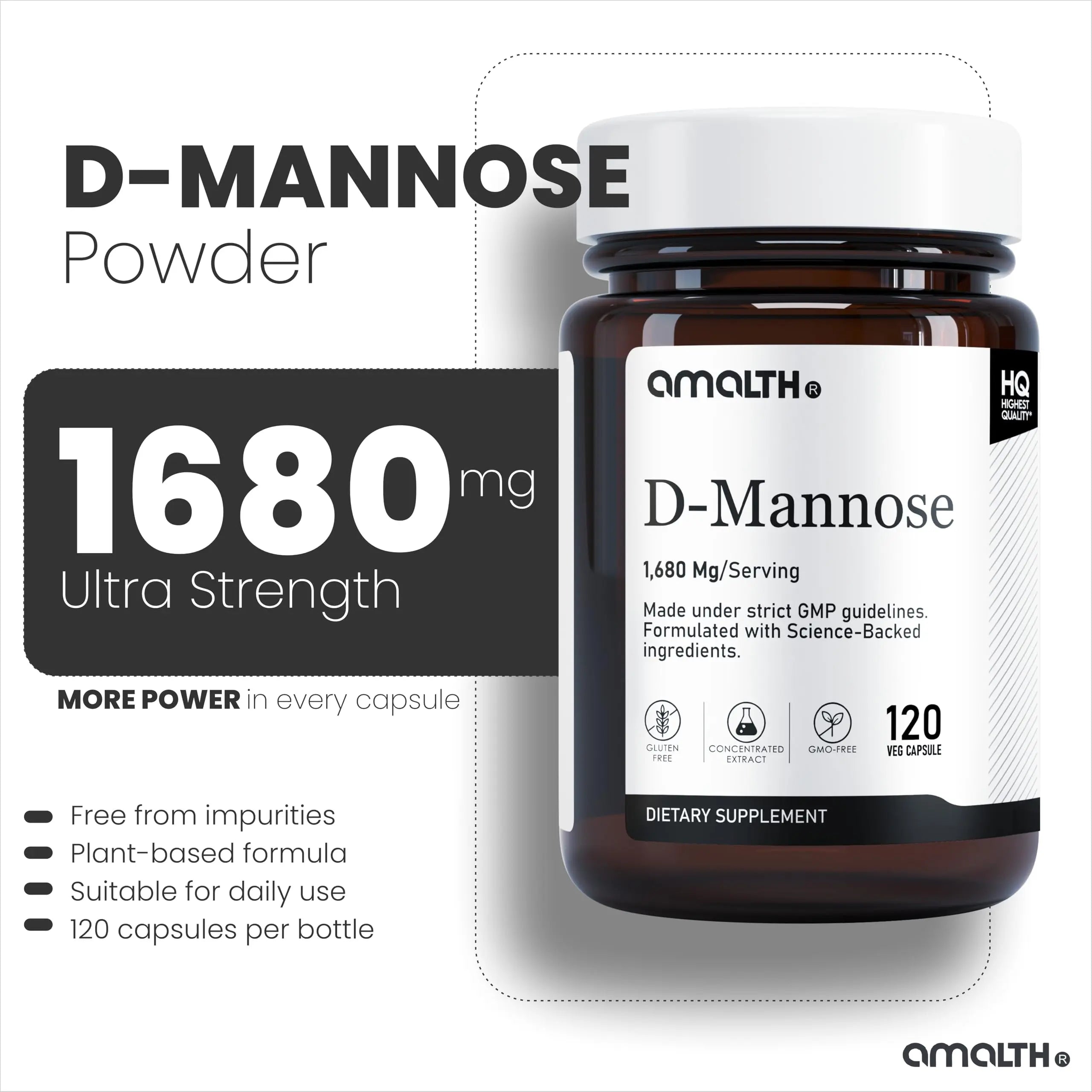 AMALTH D-Mannose Capsules 1680 mg per Serving, 120 Vegan Capsules, Pure Single Ingredient Mannose Supplement, Urinary Tract Support, UTI Wellness Support, Non GMO, Gluten Free AMALTH buy supplements canada