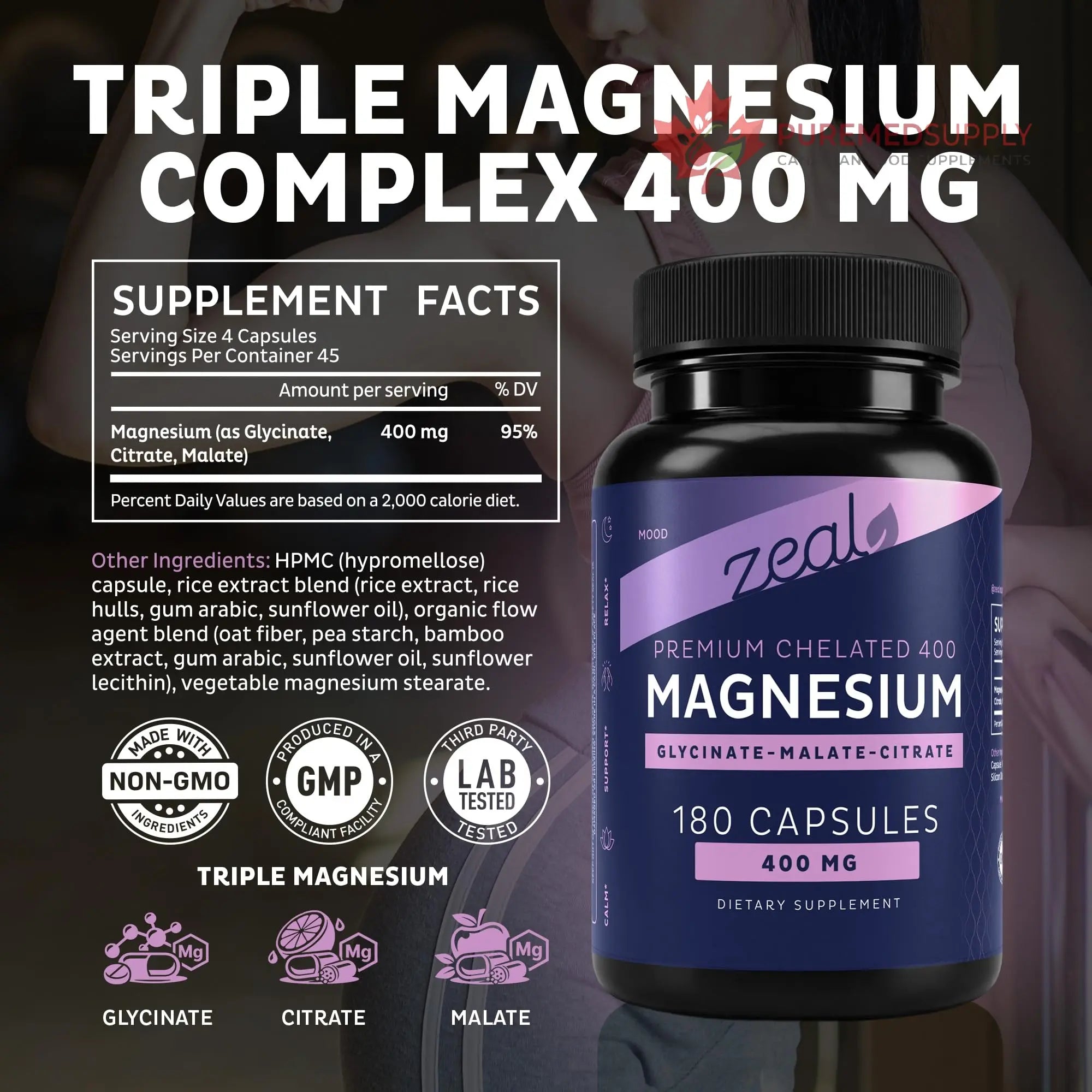 Zeal Naturals Triple Magnesium Complex Supplement - Glycinate, Malate, Citrate | 400mg, 180 Capsules | High Absorption Chelated Magnesium for Sleep, Mood, Muscle Recovery, Relaxation Zeal Naturals buy supplements canada