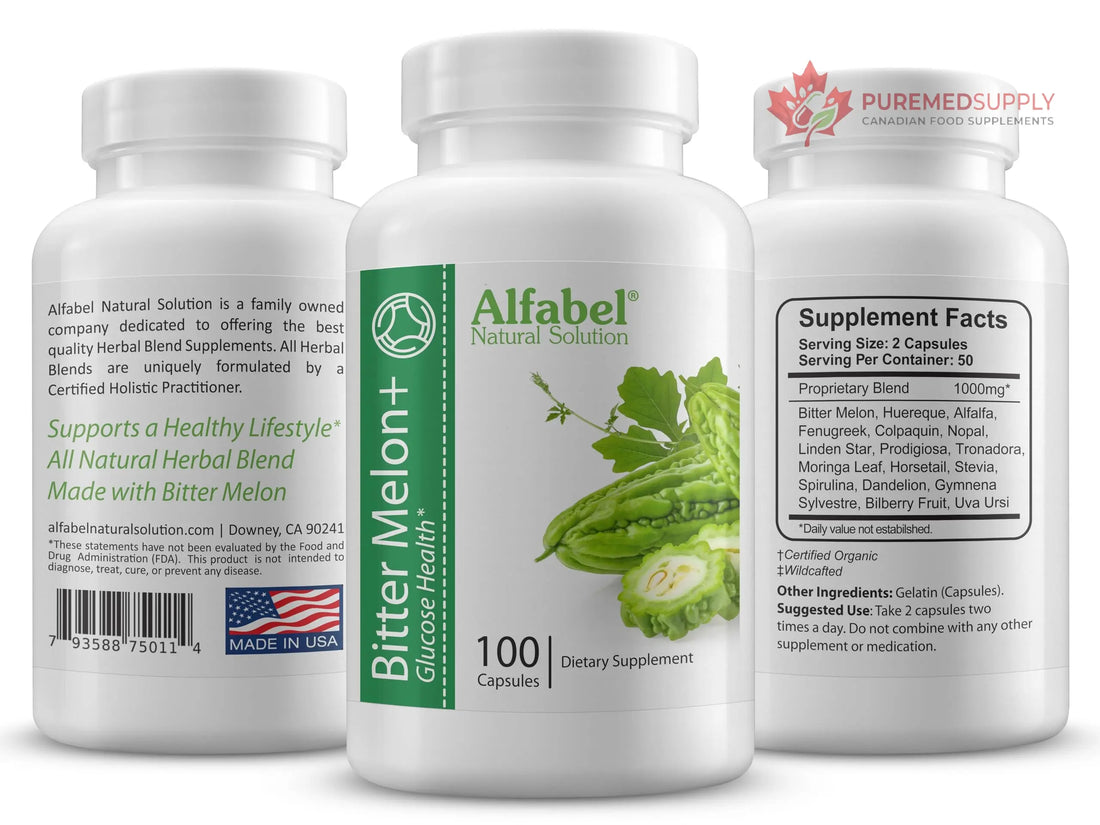 Bitter Melon Plus Herbal Blend - 18 Super Herbs - 100 Capsules - All Natural Glucose Health Alfabel Natural Solution buy supplements canada