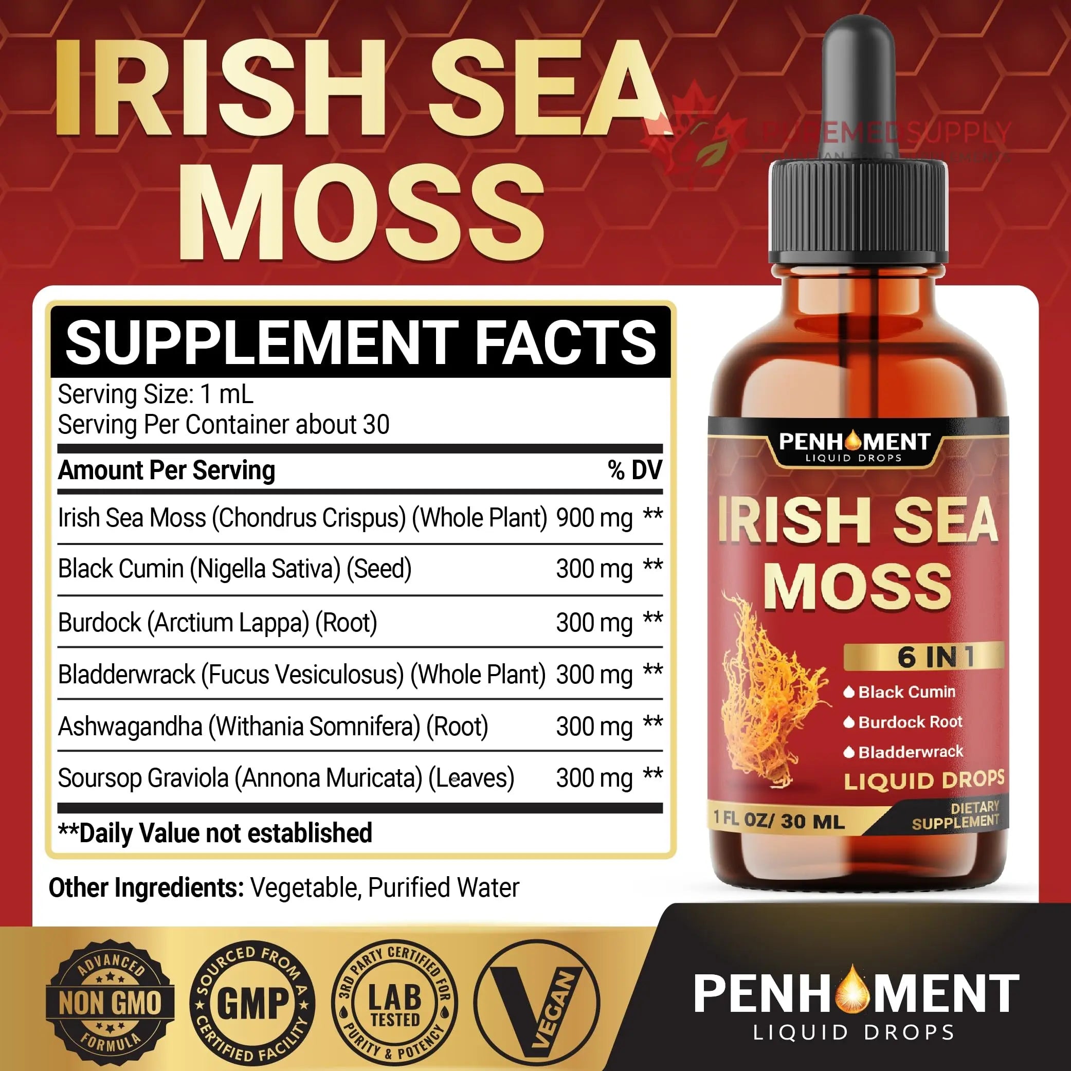 Penhoment 6in1 Sea Moss Drops with Black Seed Oil Irish Seamoss, Ashwagandha, Burdock Root & Bladderwrack - 1FL Oz - 30 Day Supply Penhoment buy supplements canada