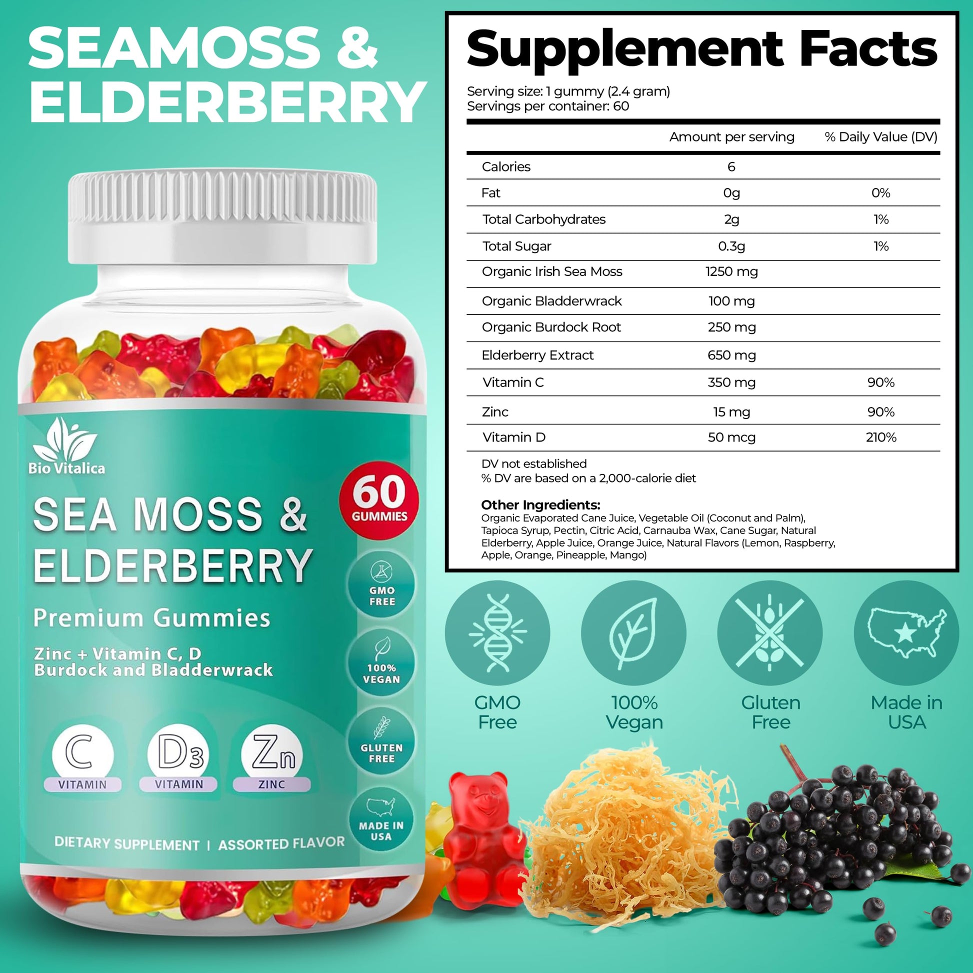 BIO VITALICA Irish Sea Moss Gummies with Elderberry – USA Made Vegan Gummies with Vitamin C, D & Zinc – Immune Support Supplement with Bladderwrack & Burdock Root for Adults & Kids – 3 Packs BIO VITALICA buy supplements canada