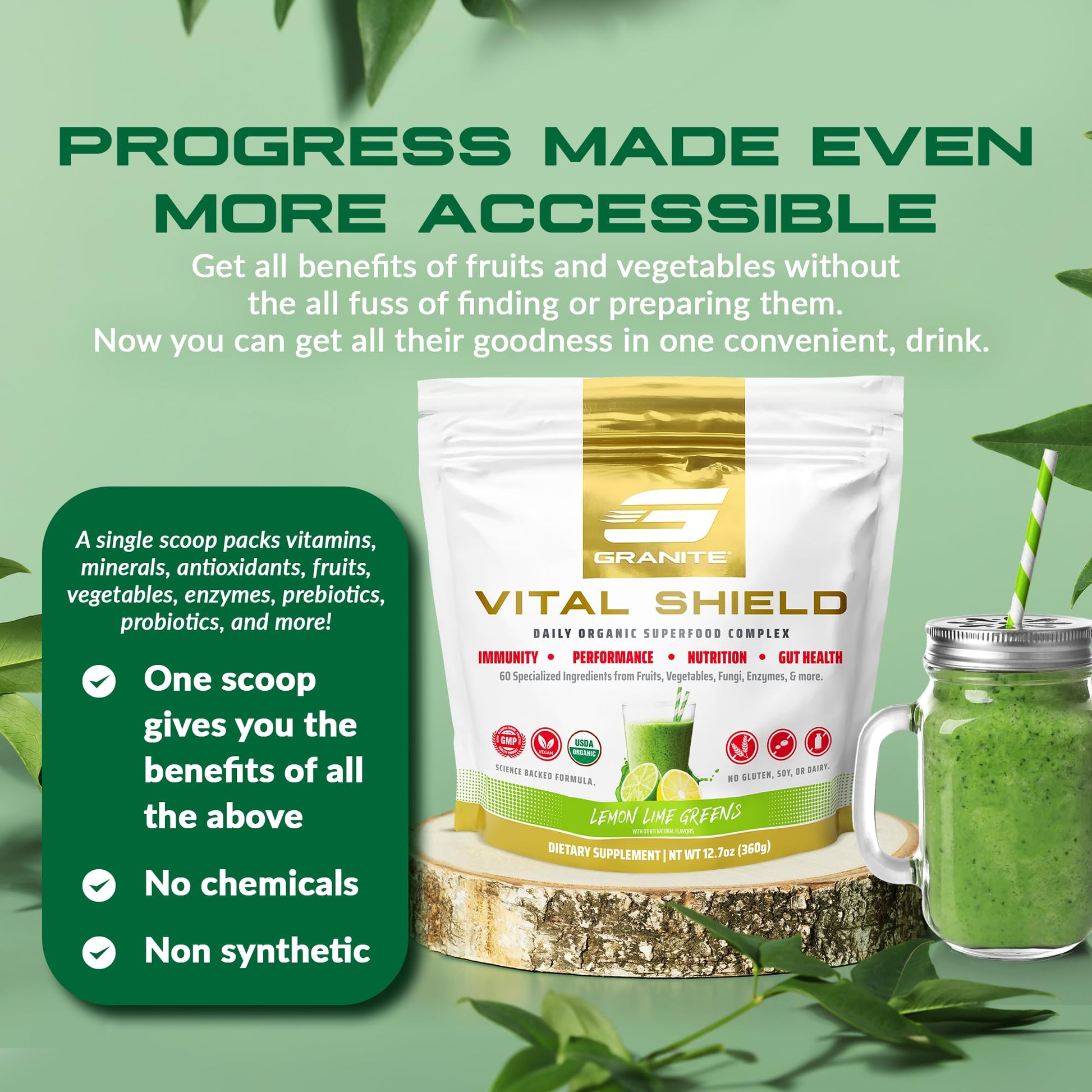 Granite Nutrition Vital Shield - USDA Organic Superfood Greens with Mushrooms & Tart Cherry – Supports Energy, Immune Function & Digestive Health – Lemon Lime Flavor (30 Servings) Granite Supplements buy supplements canada