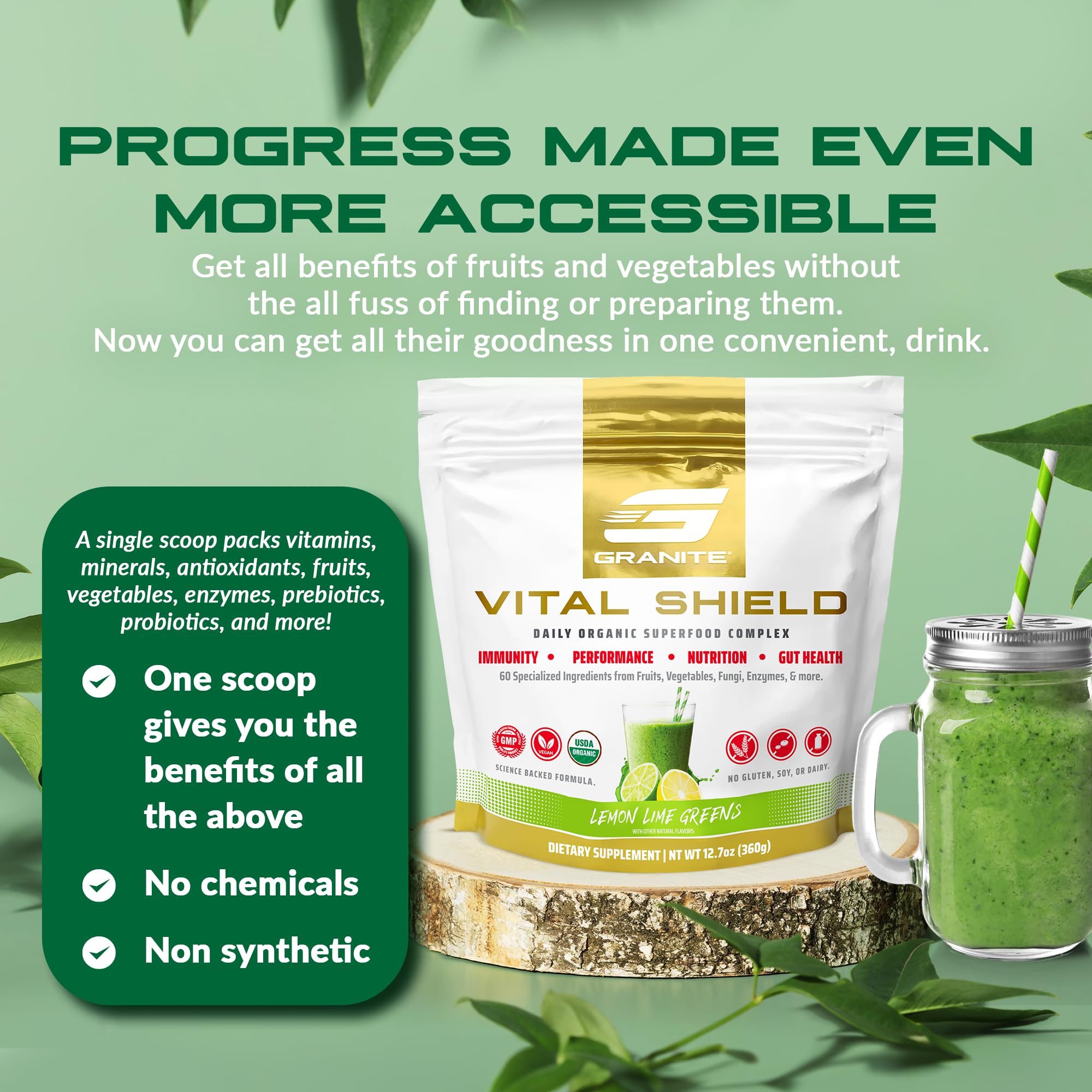 Granite Nutrition Vital Shield - USDA Organic Superfood Greens with Mushrooms & Tart Cherry – Supports Energy, Immune Function & Digestive Health – Lemon Lime Flavor (30 Servings) Granite Supplements buy supplements canada