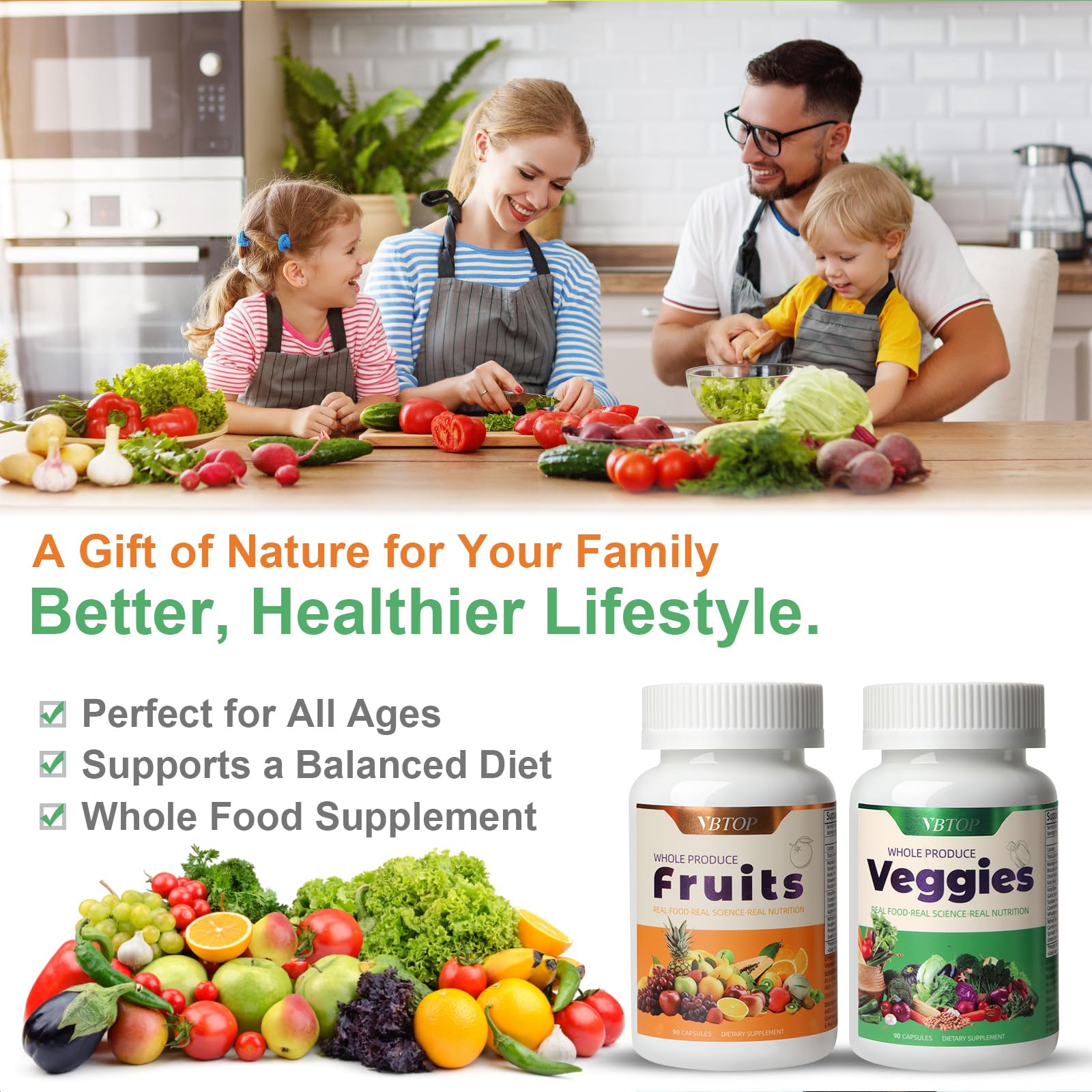 VBTOP Fruit & Vegetable Supplement - Natural Ingredients - 2 Bottles - 180 Capsules Total | A Blend of 20+19 Natural Whole Fruits & Vegetables, a Fresh superfood Formula Rich in Vitamins and Minerals VBTOP buy supplements canada