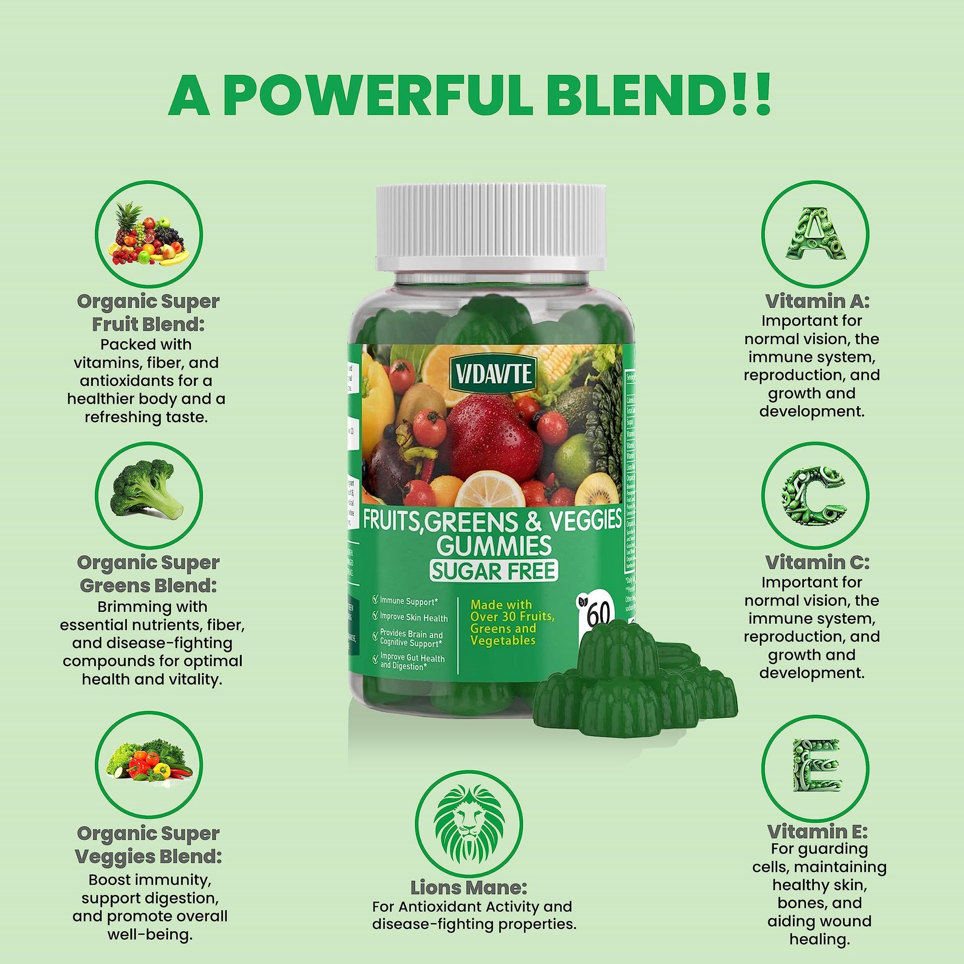 VIDAVITE Sugar-free Super Greens Gummies — US-Made, 35+ Fruit and Veggie gummies to Boost Immunity, Skin & Gut Health — Ideal Fruits and Vegetables Supplement VIDAVITE buy supplements canada