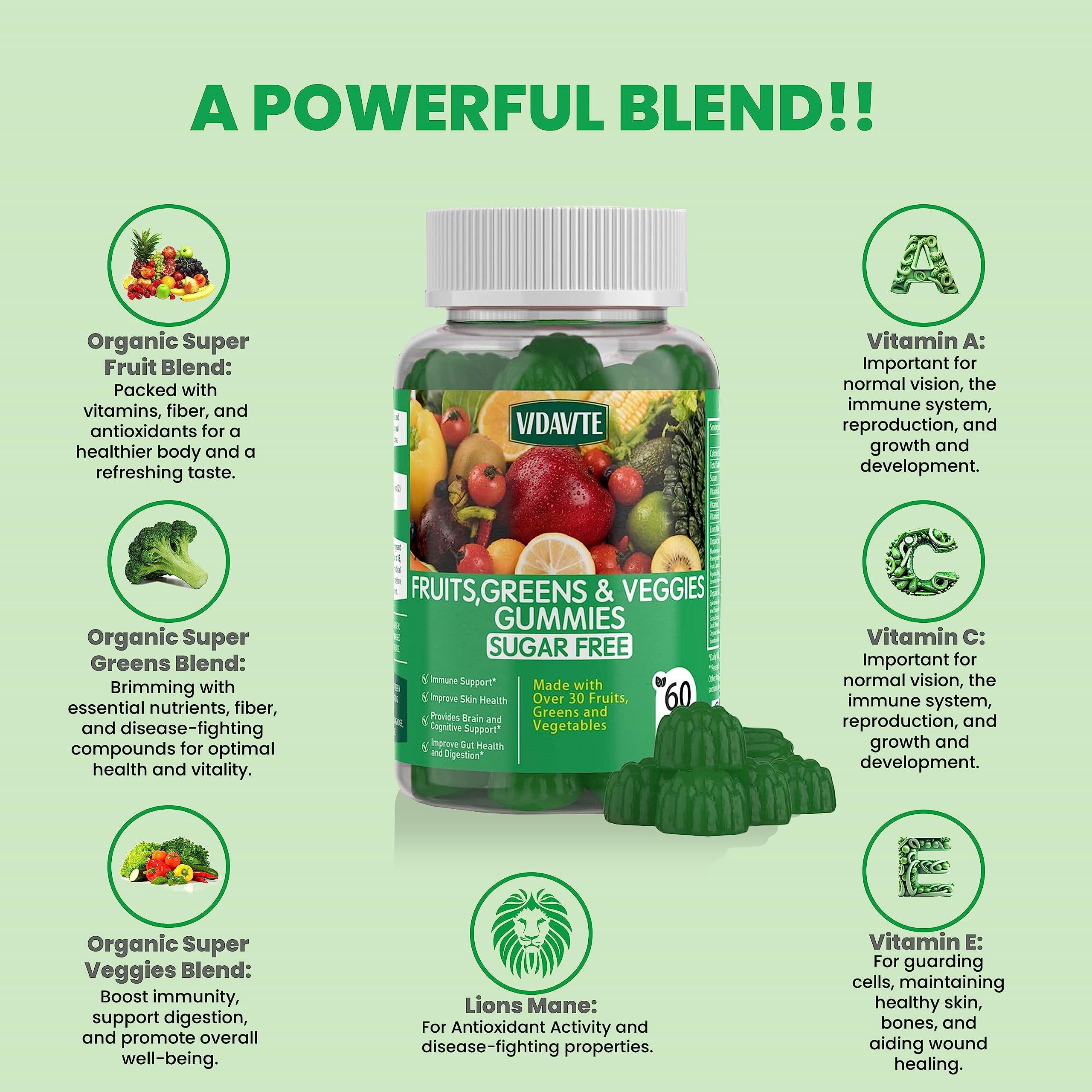 VIDAVITE Sugar-free Super Greens Gummies — US-Made, 35+ Fruit and Veggie gummies to Boost Immunity, Skin & Gut Health — Ideal Fruits and Vegetables Supplement VIDAVITE buy supplements canada