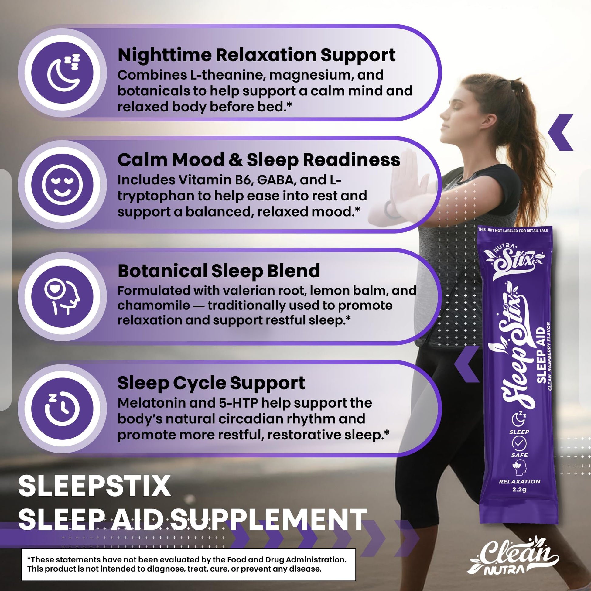 Sleep Aid Melatonin Powder Tryptophan Glycine Valerian Root Magnesium For Sleep Lemon Balm L Theanine Magnesium Glycinate Zinc Sleep Aid Myo Inositol GABACalm B6 5 HTP Stress Relief 20 Stix Clean Nutraceuticals buy supplements canada