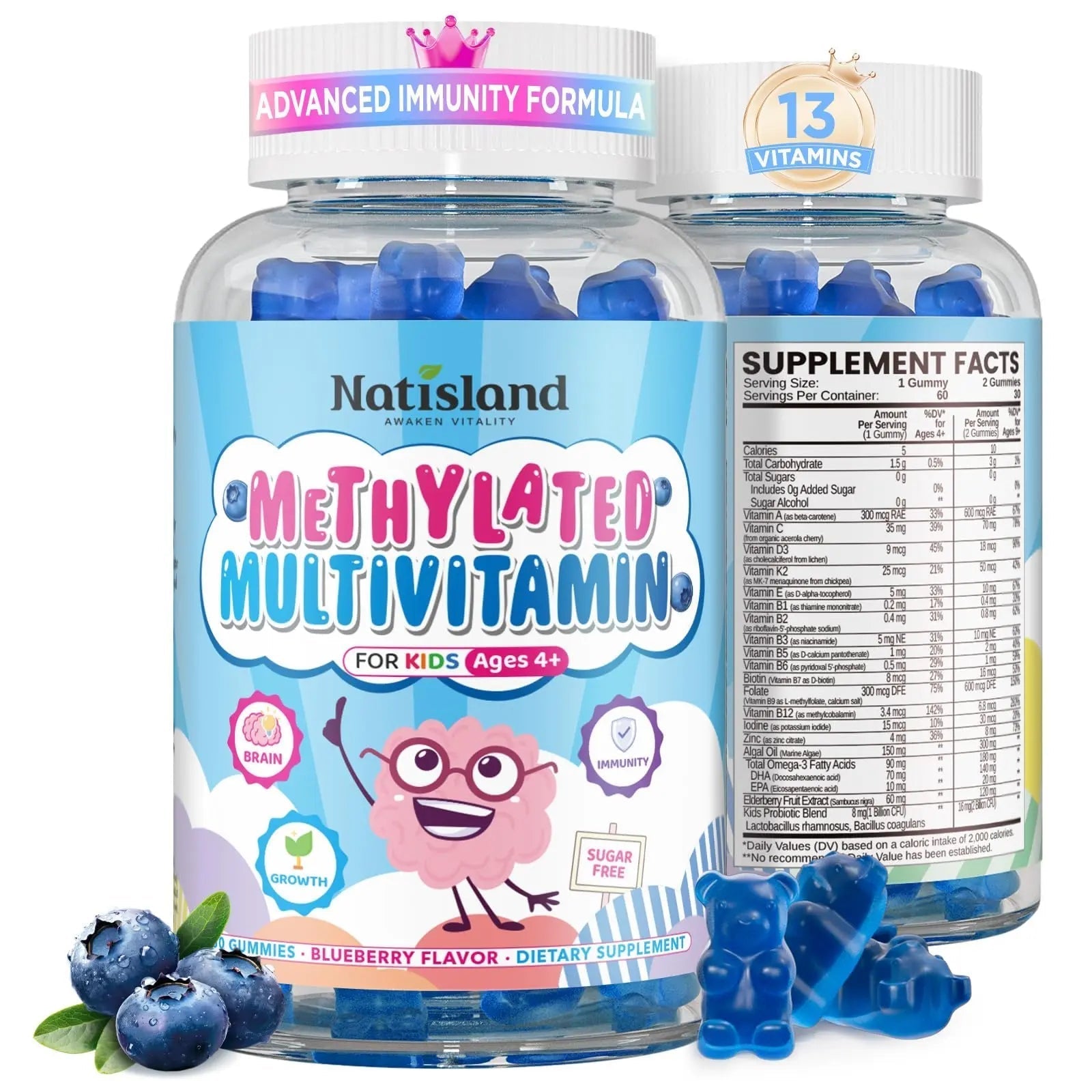 Kids Methylated Multivitamin - MTHFR Multivitamin for Kids & Teens 4+, L Methylfolate & B12, 13 Vitamins, Vegan Omega-3 NATISLAND buy supplements canada