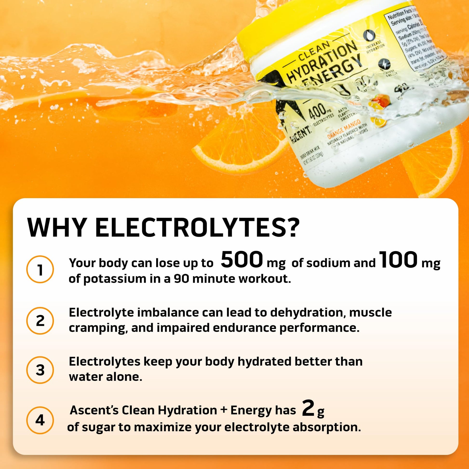 Ascent Clean Hydration + Energy Electrolytes Powder - 100mg Caffeine, 400mg Electrolytes, No Artificial Ingredients, Orange Mango 40 Servings Ascent buy supplements canada