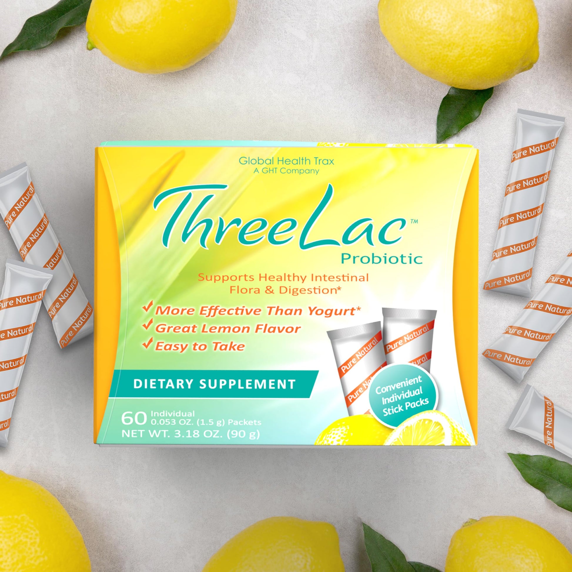 Global Health Trax ThreeLac Lemon Probiotic Drink Mix for Digestive Health - Advanced Probiotic Powder Formula for Men, Women, and Kids - Immune Support & Gut Balance, Non-GMO - 180 Packets ght Global Health Trax buy supplements canada