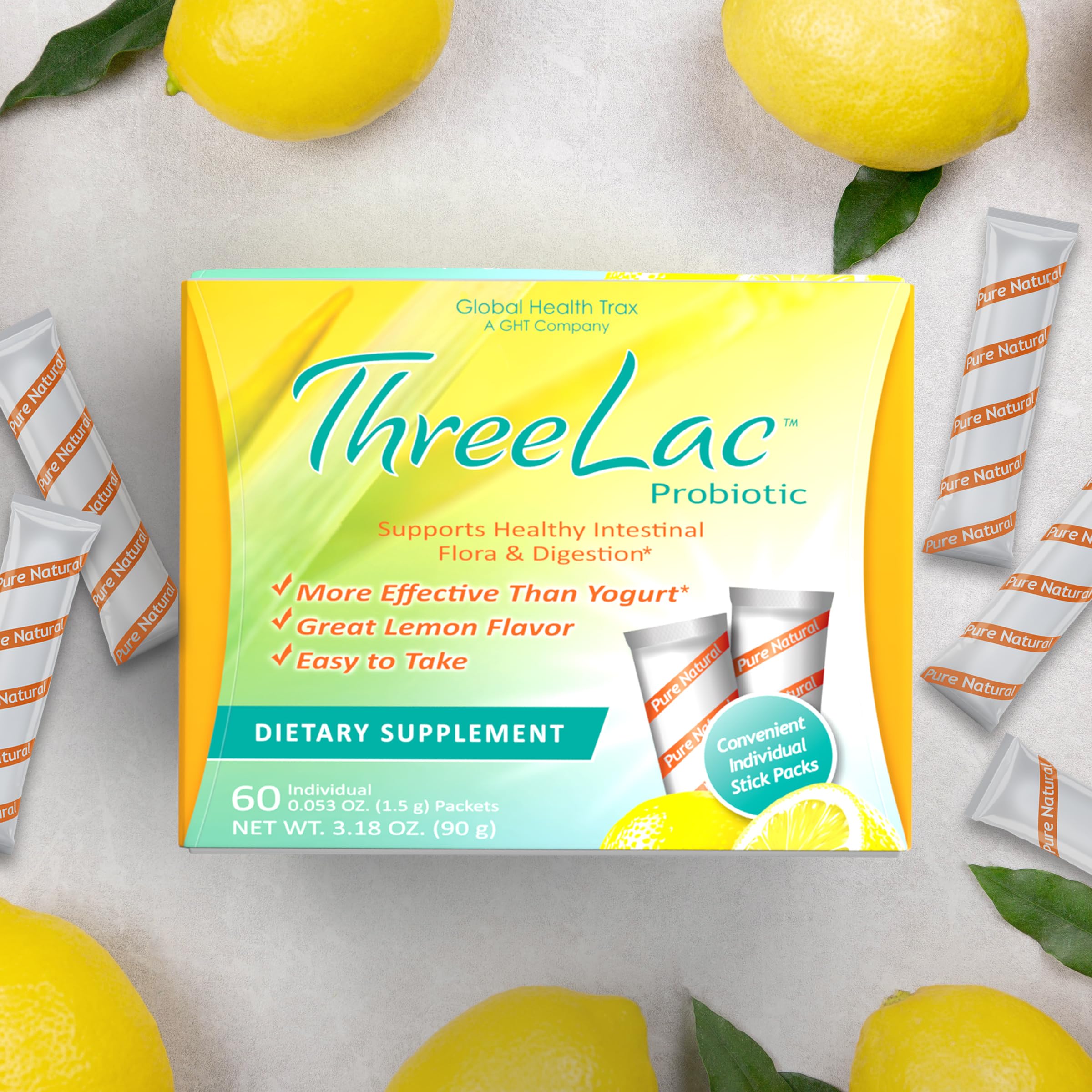 Global Health Trax ThreeLac Lemon Probiotic Drink Mix for Digestive Health - Advanced Probiotic Powder Formula for Men, Women, and Kids - Immune Support & Gut Balance, Non-GMO - 180 Packets ght Global Health Trax buy supplements canada