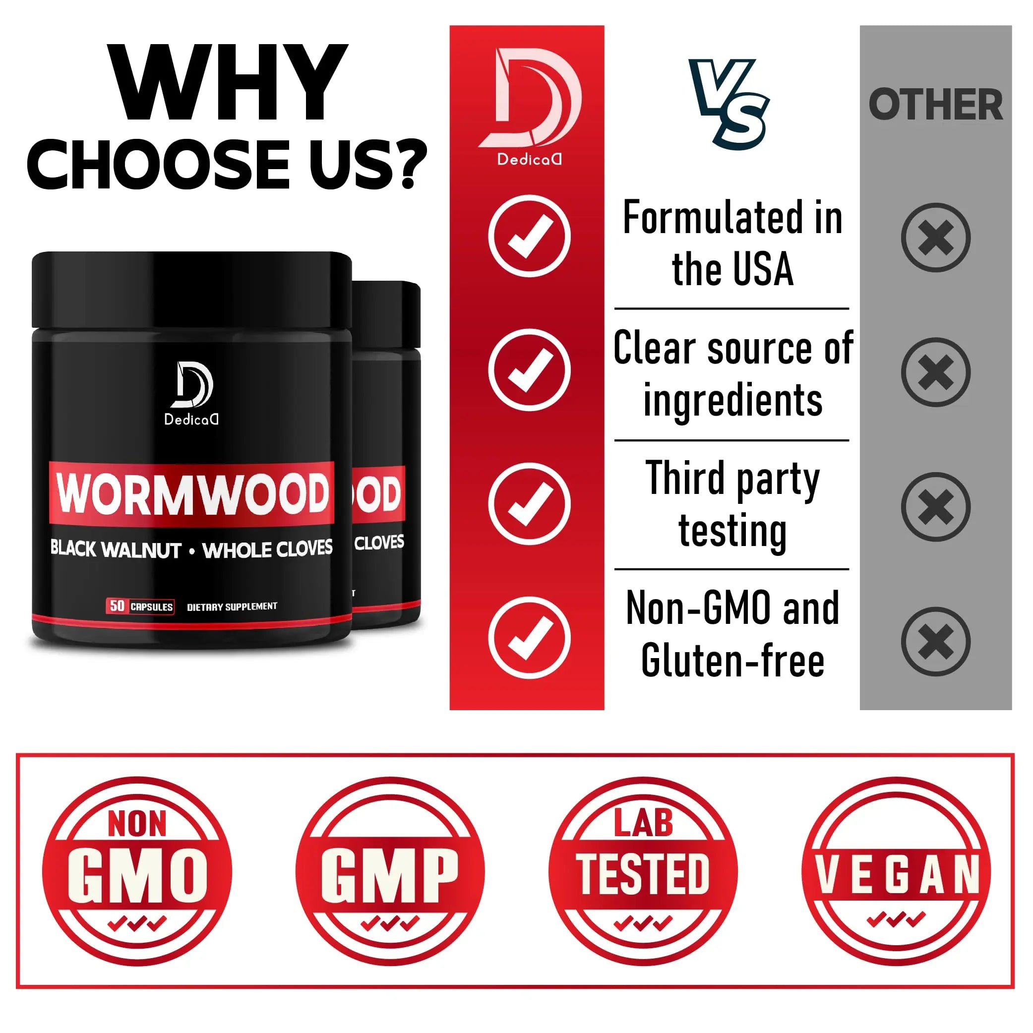 DEDICAD Wormwood Capsules - 12 Herbs Blended Black Walnut, Cloves, Ginger, Turmeric, Cinnamon, Apple, Quassia - 2 Packs 50 Capsules DEDICAD buy supplements canada