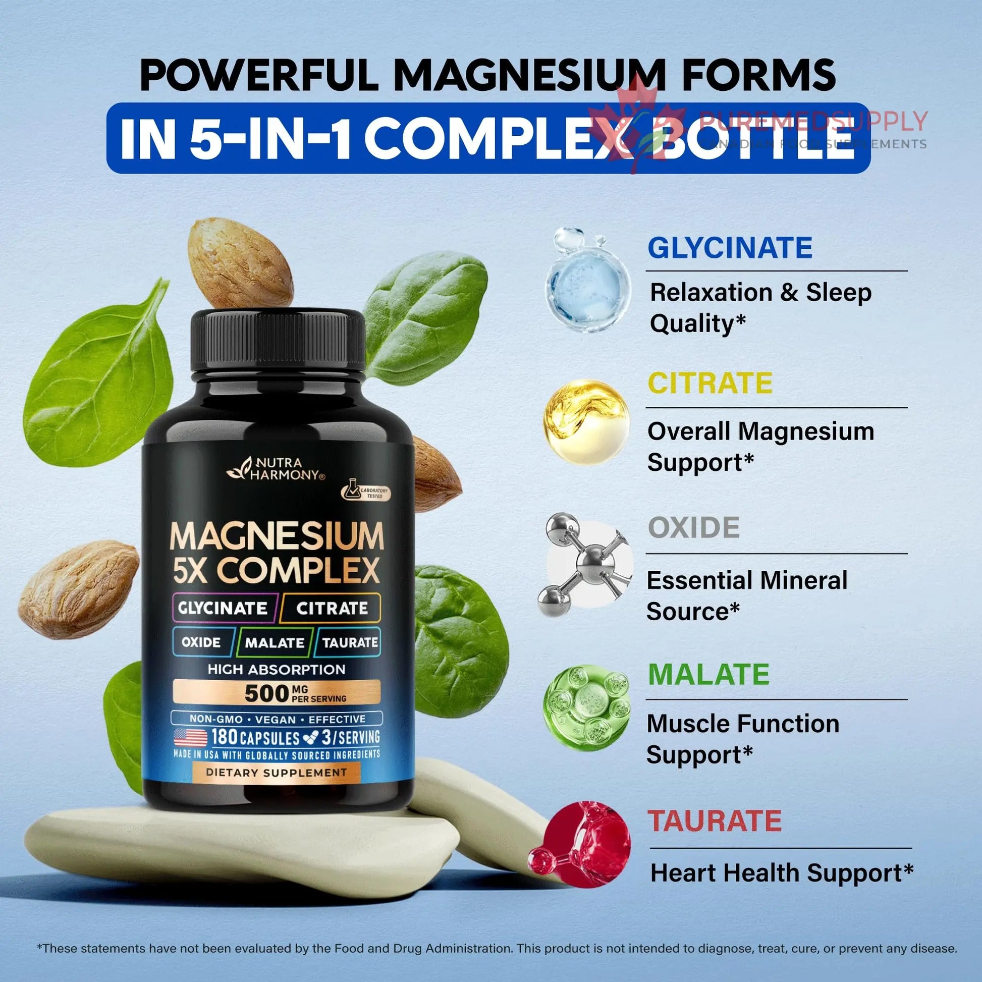 Magnesium Supplement - 5 in 1 Complex | Glycinate | Citrate | Malate | Taurate | Oxide - Made in USA - Stress, Muscle & Heart Support - Vegan, Natural, Non-GMO - 180 Capsules, 2 Month Supply NUTRAHARMONY buy supplements canada