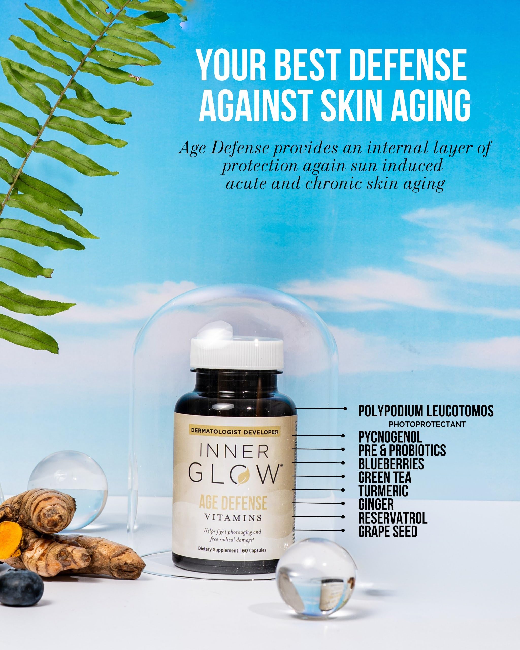 Inner Glow Age Defense Vitamins - Dermatologist and Plastic Surgeon Developed to Fight photoaging and Melasma, Polypodium Leucotomos Antioxidant Formula – Vegan, Gluten-Free – 60 Capsules Inner Glow buy supplements canada