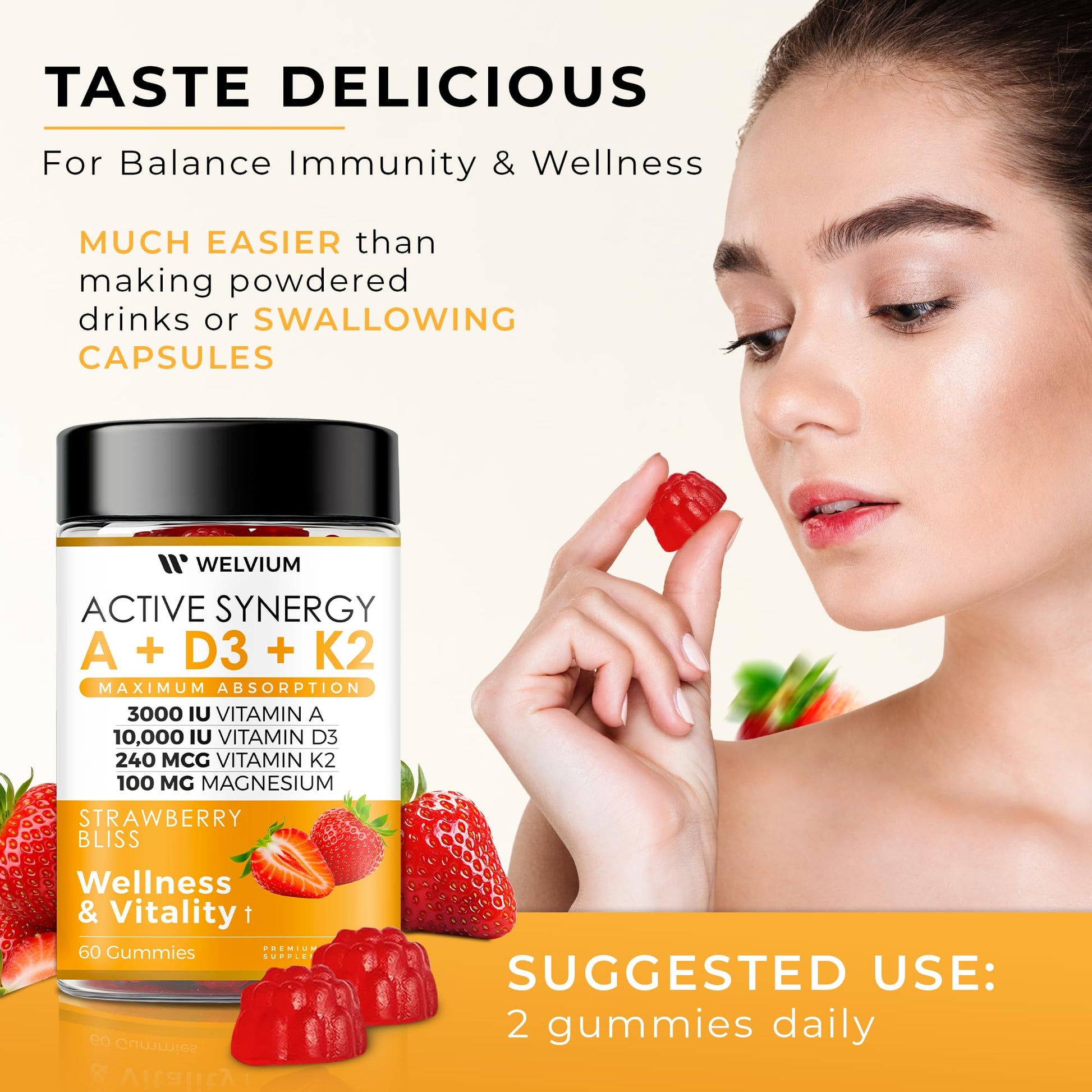 WELVIUM Vitamin D3 K2 Gummies 10000 IU with Magnesium Glycinate, Calcium, B12, K2 MK-7, Vitamins A, E, Lutein, Zeaxanthin - ADK Chewable Supplement for Bone, Eye, Immune Support - D3K2 Gummies WELVIUM buy supplements canada