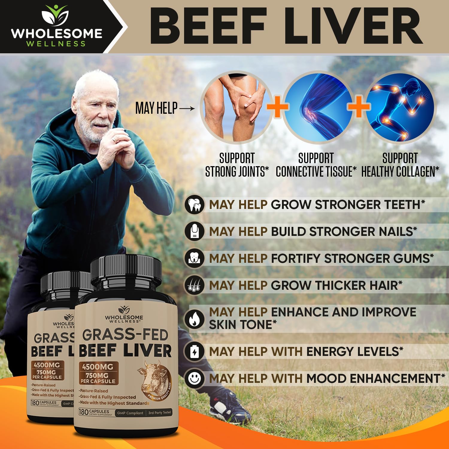 Wholesome Wellness Grass Fed Desiccated Beef Liver Capsules (180 Pills, 750mg Each) - Natural Iron, Vitamin A, B12 for Energy - Raised Undefatted in New Zealand Wholesome Wellness buy supplements canada