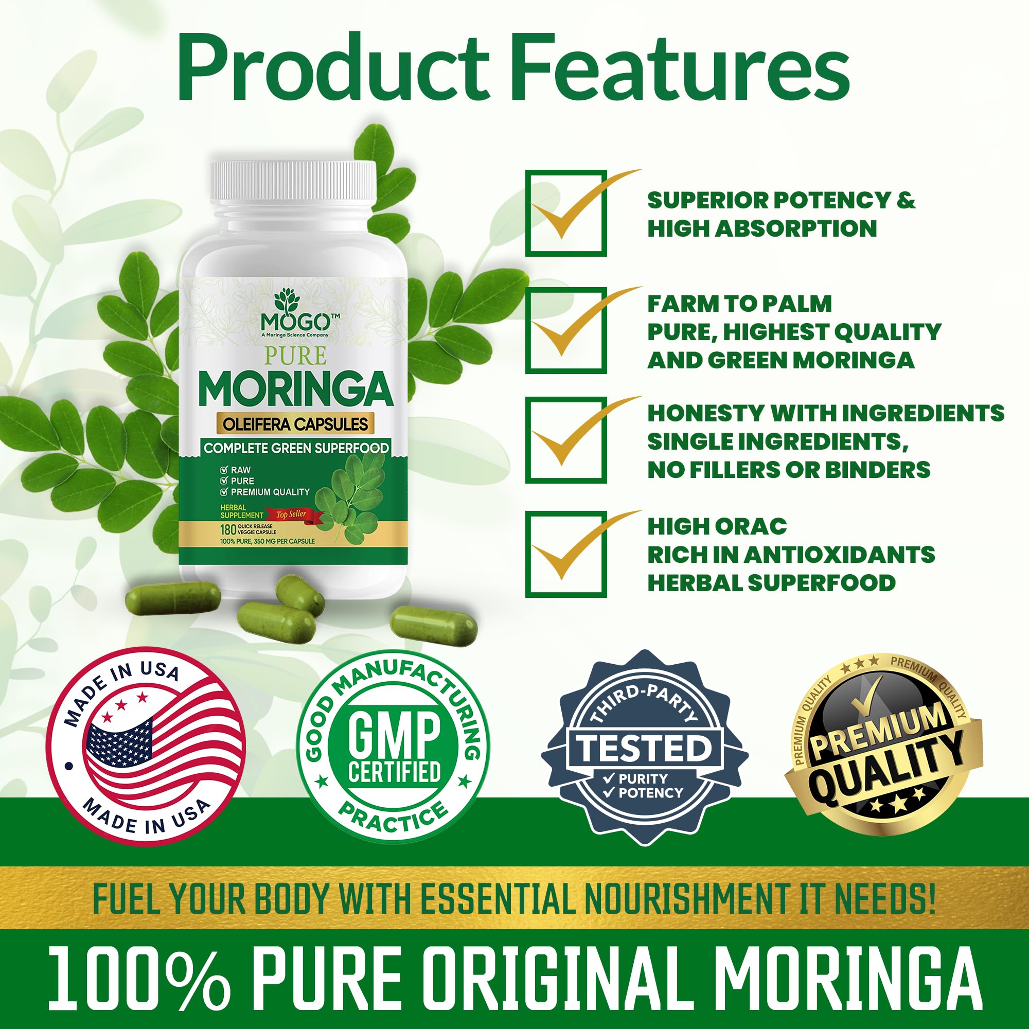 MOGO Moringa Capsules -180 Ct| Boost Energy, Immune, Gut, Joint Support | Made with Pure Organic Moringa Powder Organic Capsules | Made in USA MOGO buy supplements canada