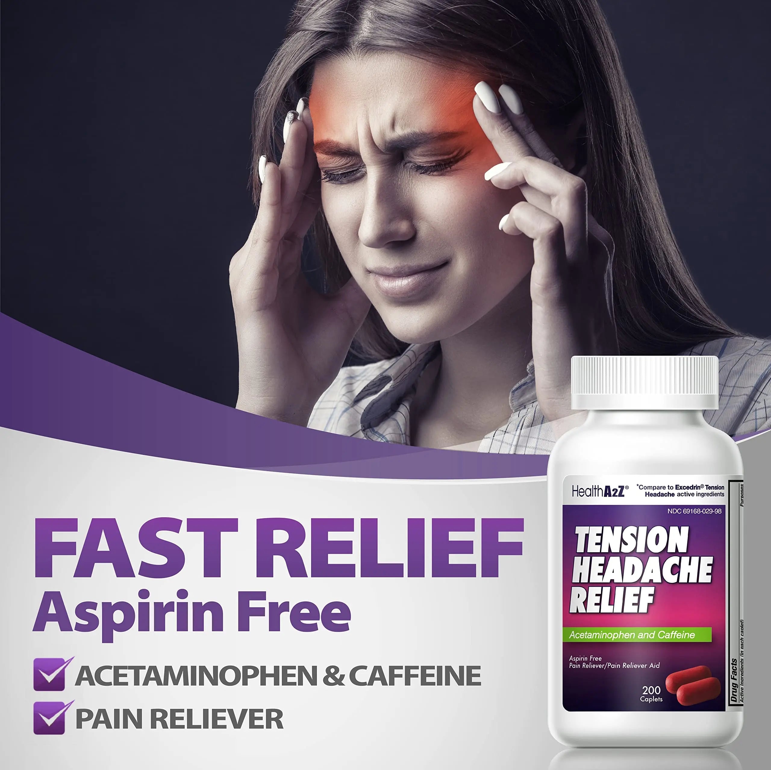 HealthA2Z® Tension Headache Relief | Acetaminophen 500mg | Caffeine 65mg | Pain Reliever Aid | Aspirin Free (200 caplets (Pack of 1)) HealthA2Z buy supplements canada