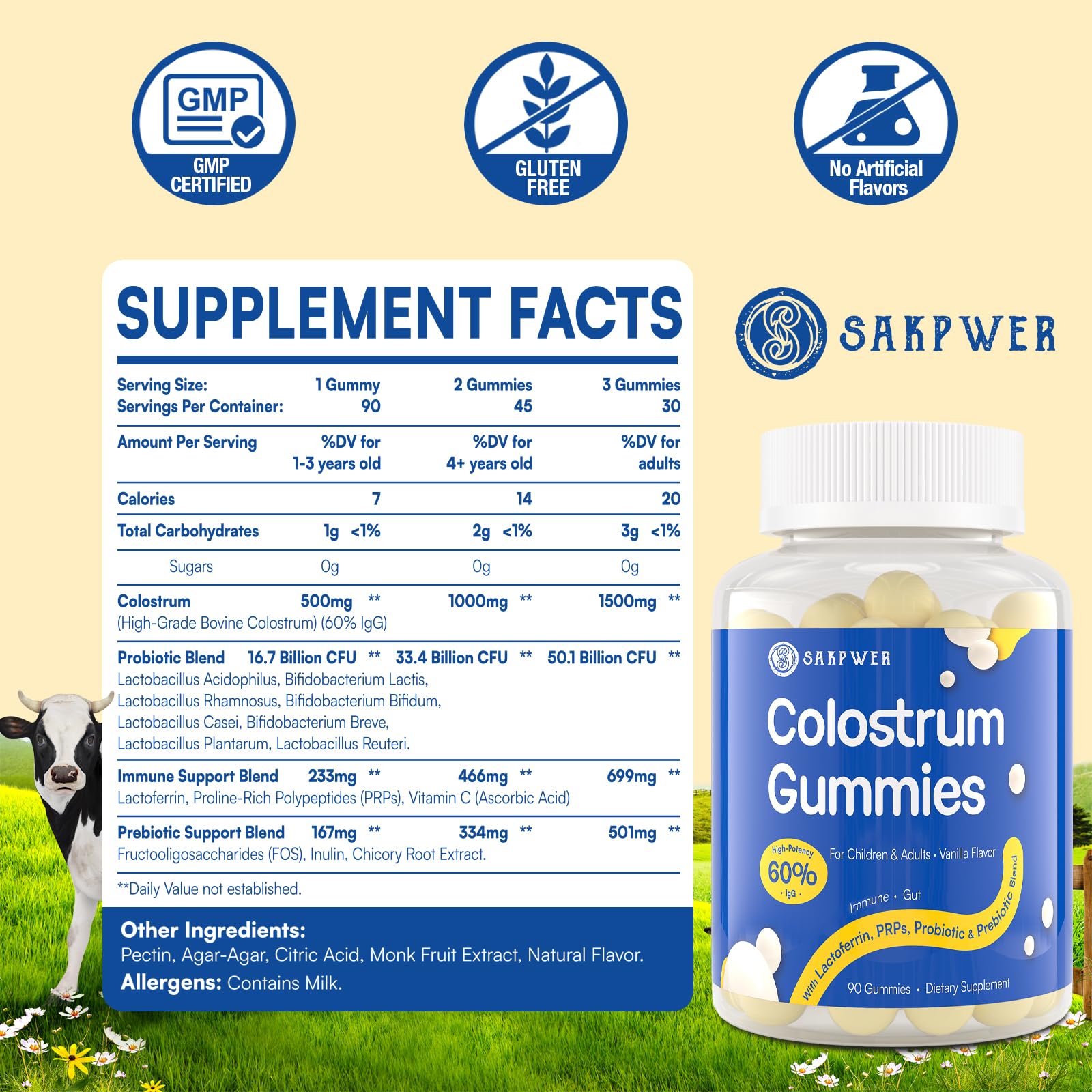 Sakpwer Bovine Colostrum Supplement Gummies - with 60% Highest IgG, Lactoferrin, Probiotics and Prebiotics for Adults and Kids, Vanilla Flavor & Sugar Free, 90 Gummies Sakpwer buy supplements canada