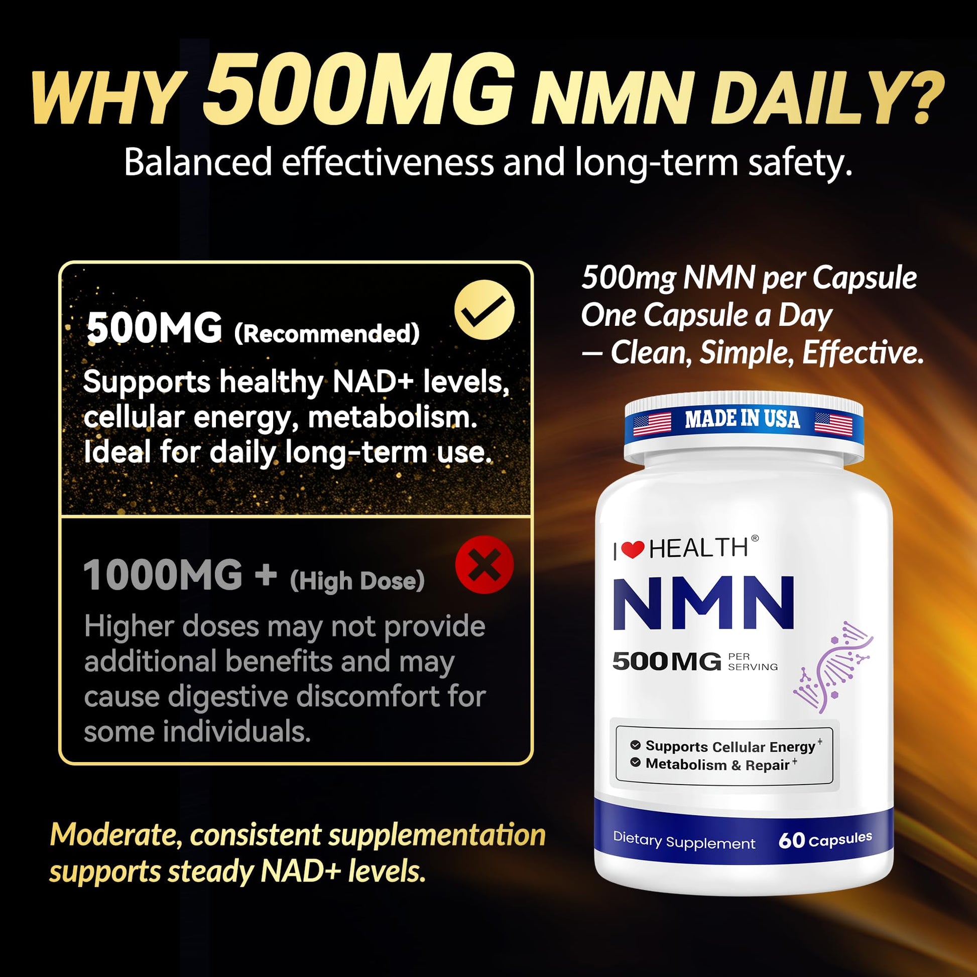NMN 500MG Per Capsule – High Purity 99.9% NMN, NAD+ Support for Cellular Energy & Healthy Aging, 60 Capsules, Third-Party Tested, cGMP Made in USA I LOVE HEALTH buy supplements canada