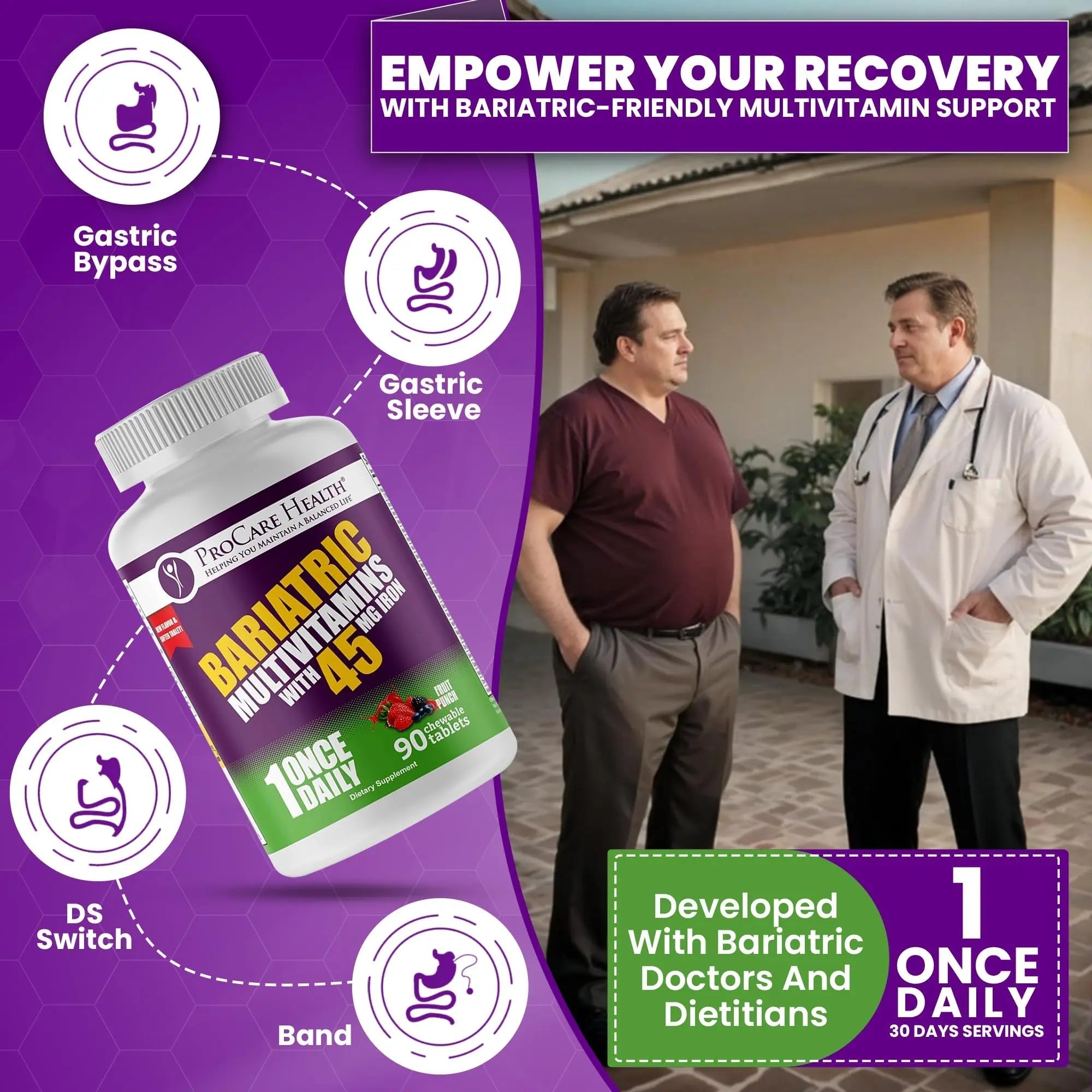 Procare Health Bariatric Multivitamin with Iron 45mg Chewable (90 Tablets) - Fruit Punch Flavor Bariatric Multivitamin Chewable Pills for Gastric Bypass ProCare Health buy supplements canada
