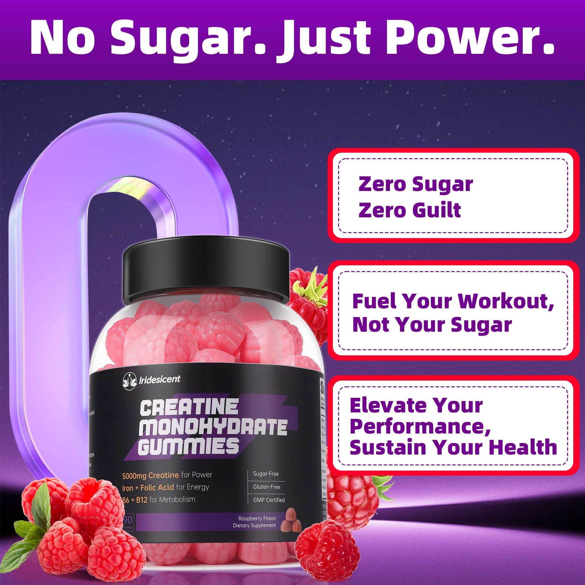 IRIDESICENT Creatine Monohydrate Gummies 5000mg w/Iron, Vitamin B6 & B12, Sugar Free 5g Creatine Supplements for Women and Men Boost Energy & Muscle Recovery - 90 Raspberry Gummies IRIDESICENT buy supplements canada
