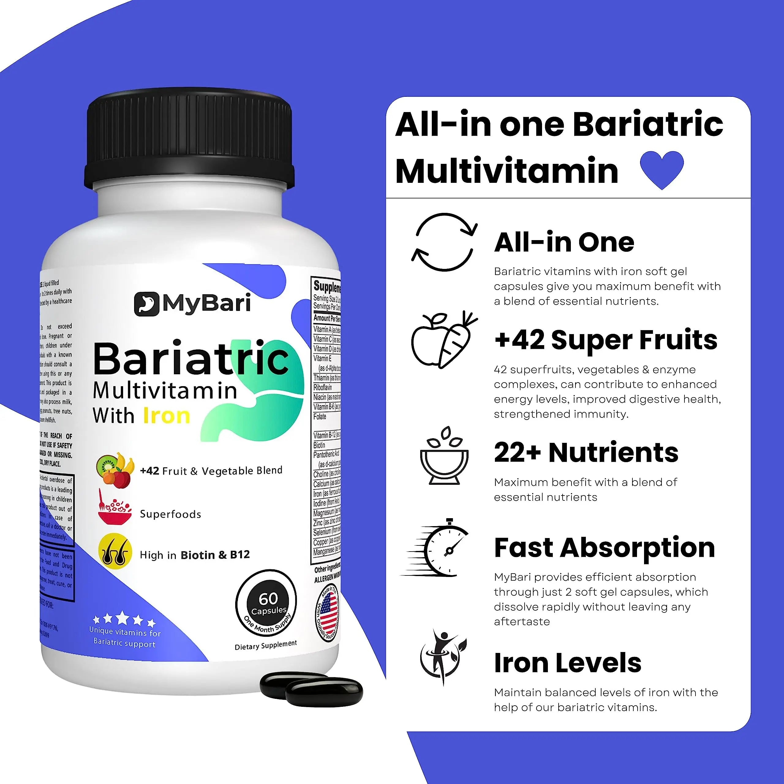 MyBari All-in-One Bariatric Multivitamin with Iron - Made in USA - for Men & Women - Supports Gastric Sleeve & Bypass with 42+ Fruit & Veggie Blend - 60 Liquid Capsules MyBari buy supplements canada