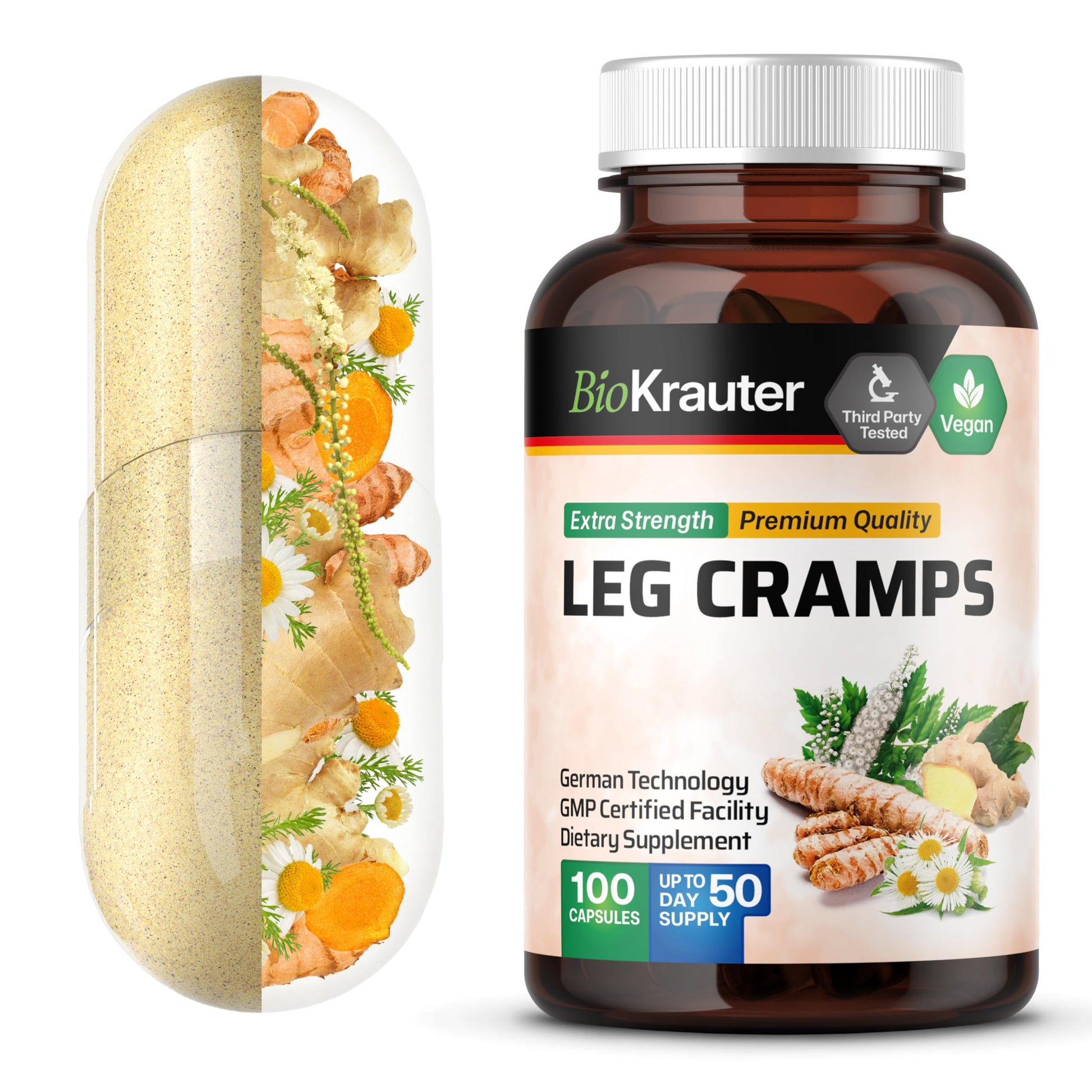BIO KRAUTER® Magnesium Glycinate for Leg Сramps & Relax - 5-in-1 Formula Magnesium Glycinate 400mg with Turmeric, Black Cohosh, Ginger, Chamomile 1200 mg 100 Caps - No Fillers, Non-GMO, 50-Day Supply BIO KRAUTER buy supplements canada
