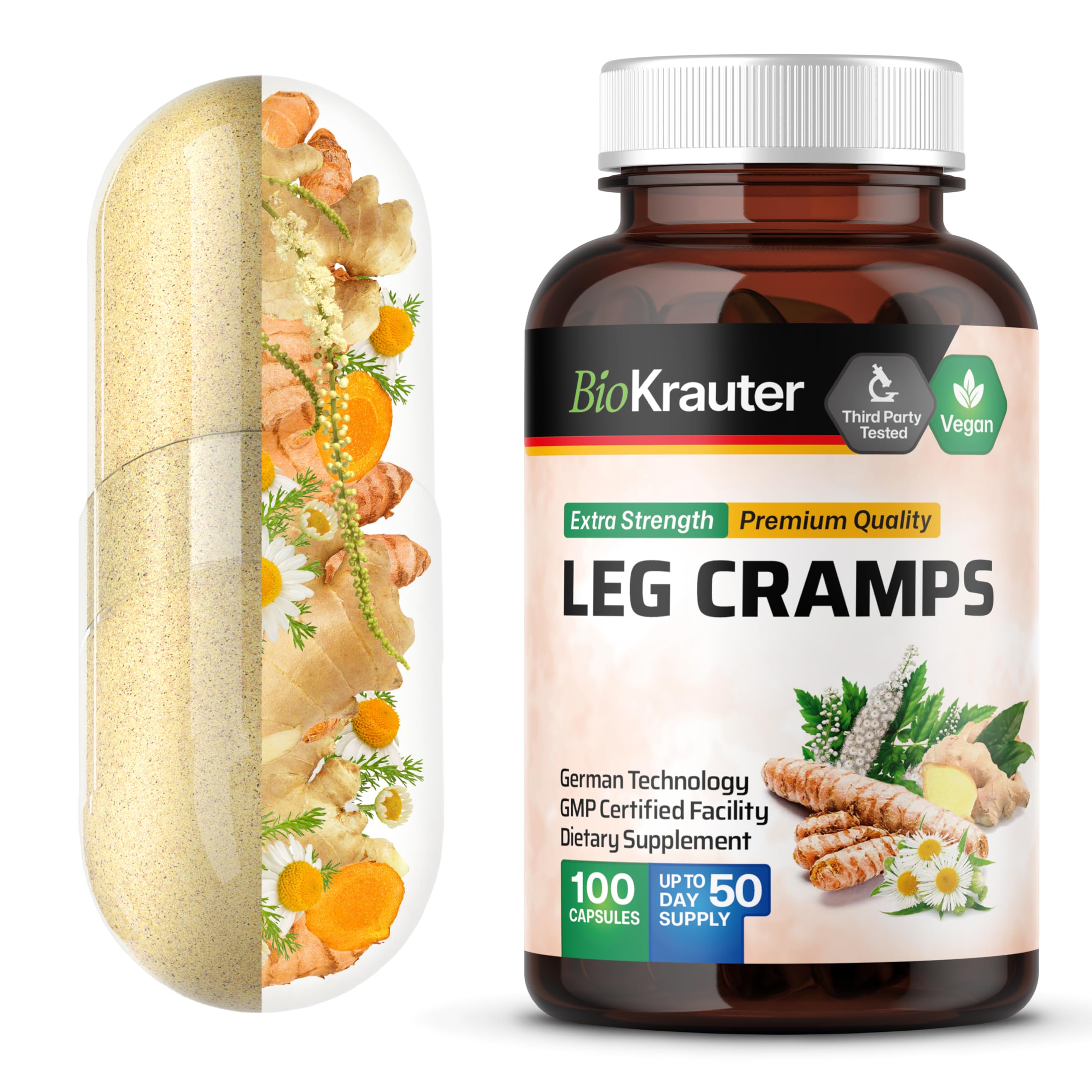 BIO KRAUTER® Magnesium Glycinate for Leg Сramps & Relax - 5-in-1 Formula Magnesium Glycinate 400mg with Turmeric, Black Cohosh, Ginger, Chamomile 1200 mg 100 Caps - No Fillers, Non-GMO, 50-Day Supply BIO KRAUTER buy supplements canada